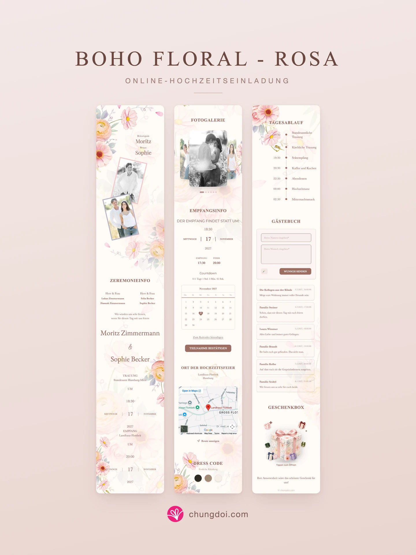 Gesamtansicht der Hochzeitseinladung Boho Floral - Rosa: die drei Abschnitte nebeneinander