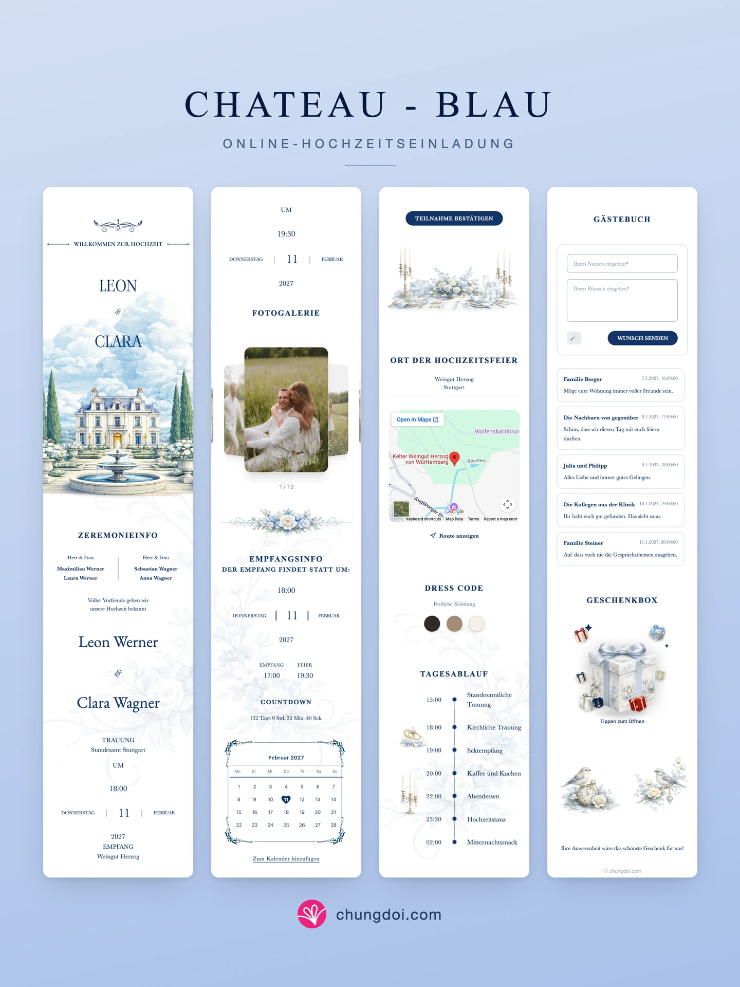 Gesamtansicht der Hochzeitseinladung Chateau - Blau: die drei Abschnitte nebeneinander