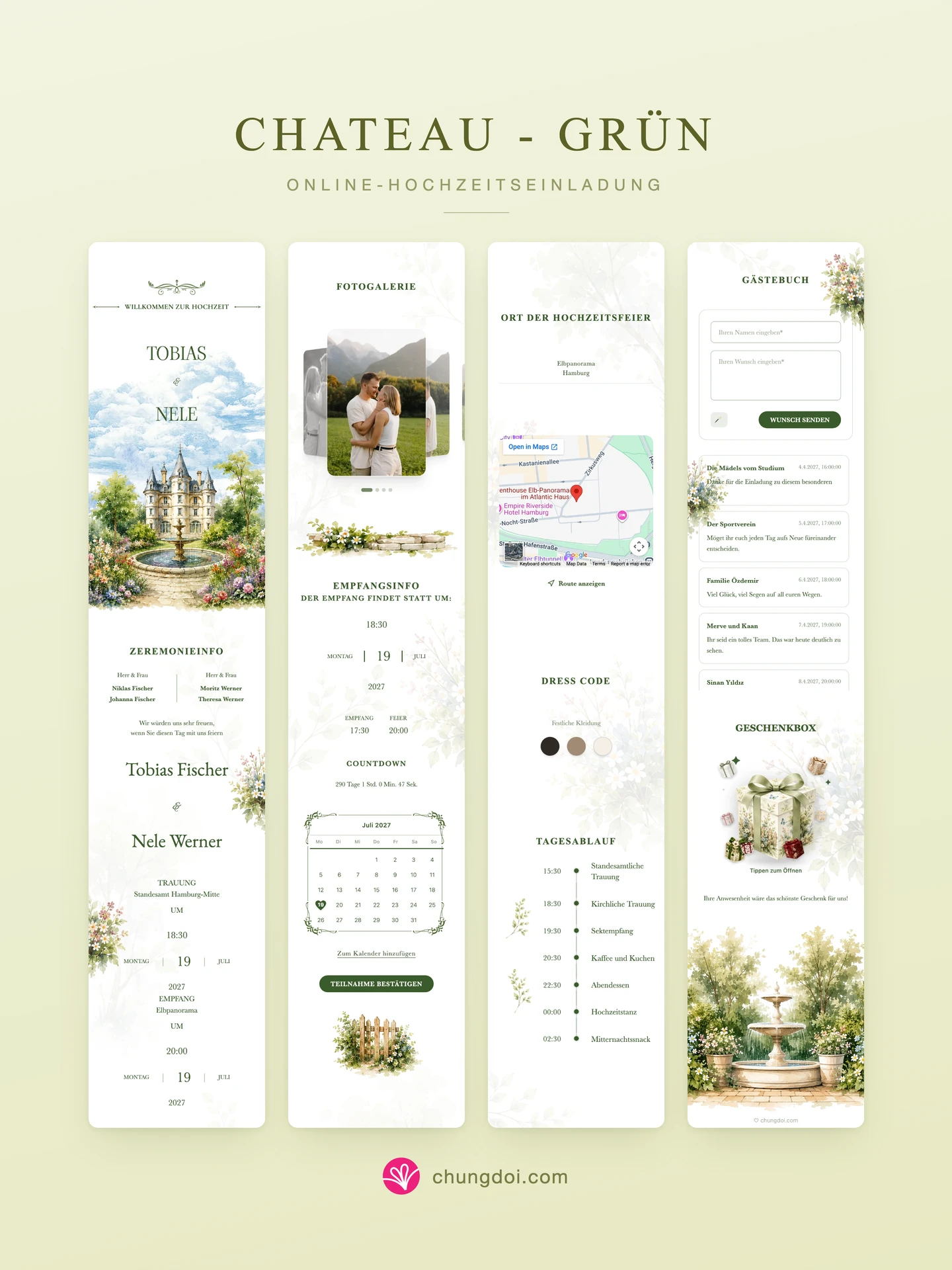 Gesamtansicht der Hochzeitseinladung Chateau - Grün: die drei Abschnitte nebeneinander