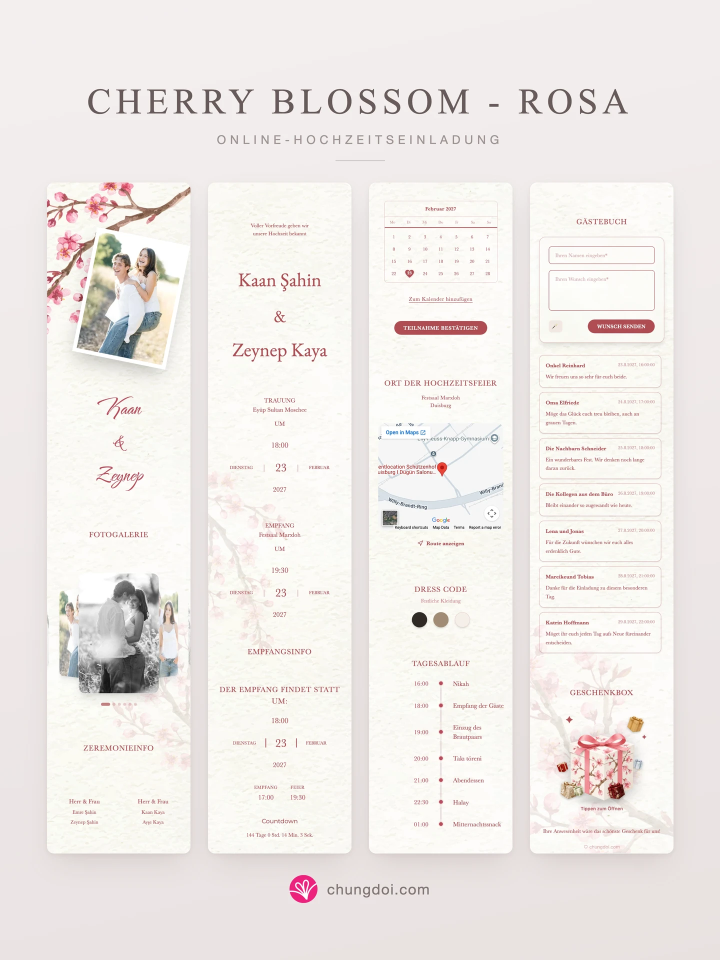 Gesamtansicht der Hochzeitseinladung Cherry Blossom - Rosa: die drei Abschnitte nebeneinander