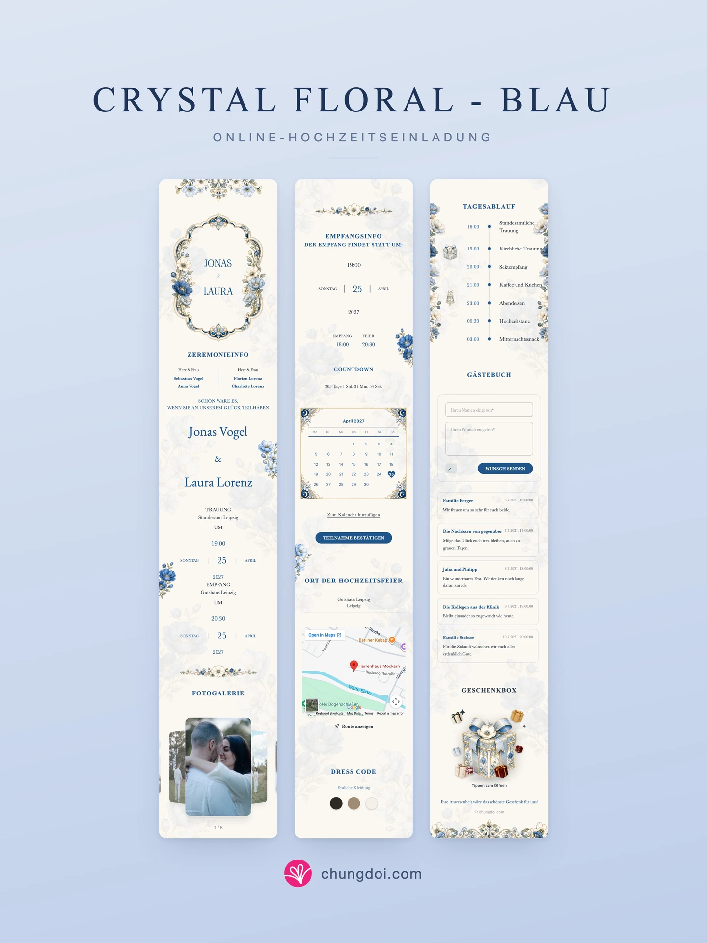 Gesamtansicht der Hochzeitseinladung Crystal Floral - Blau: die drei Abschnitte nebeneinander