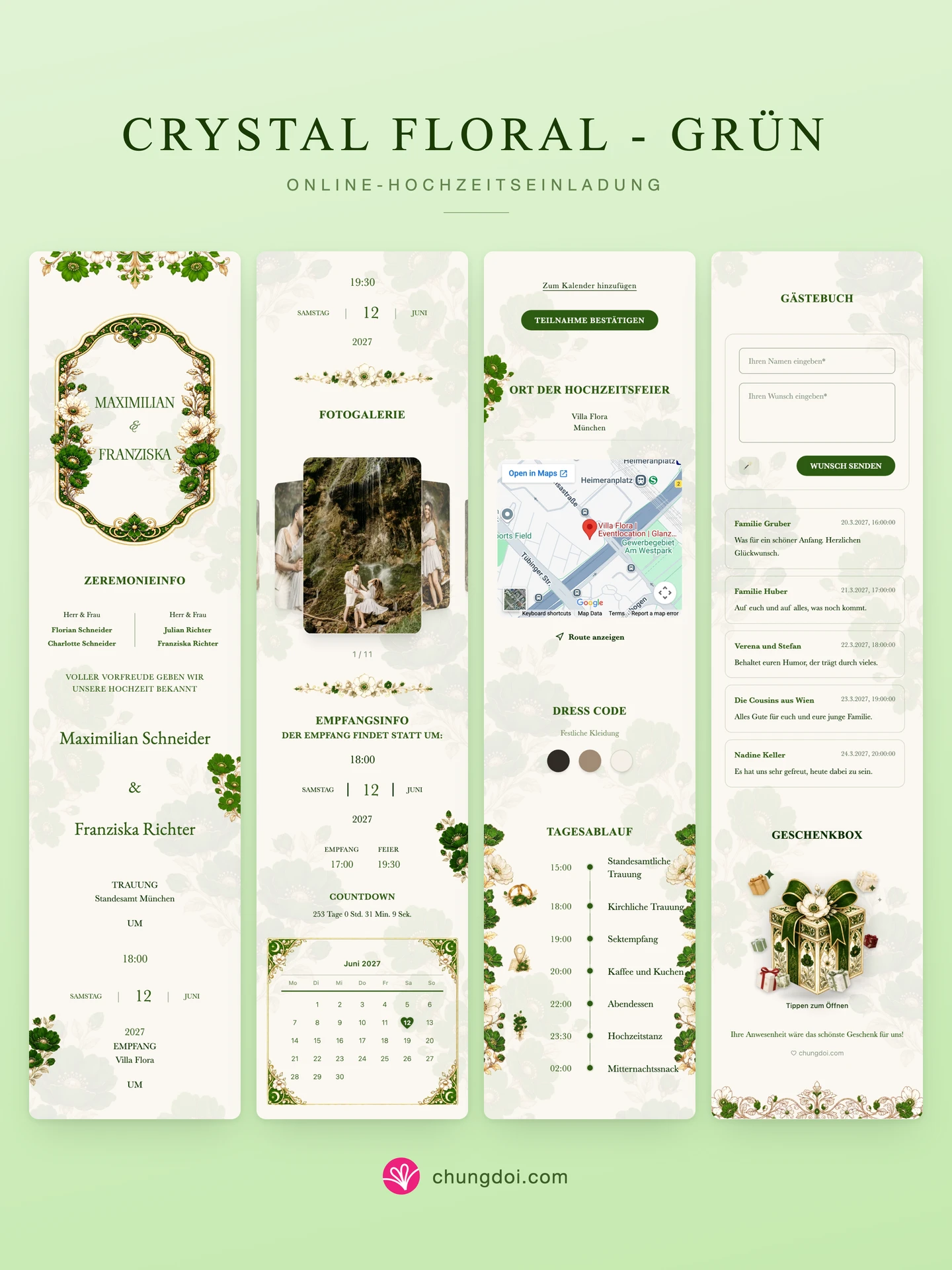 Gesamtansicht der Hochzeitseinladung Crystal Floral - Grün: die drei Abschnitte nebeneinander
