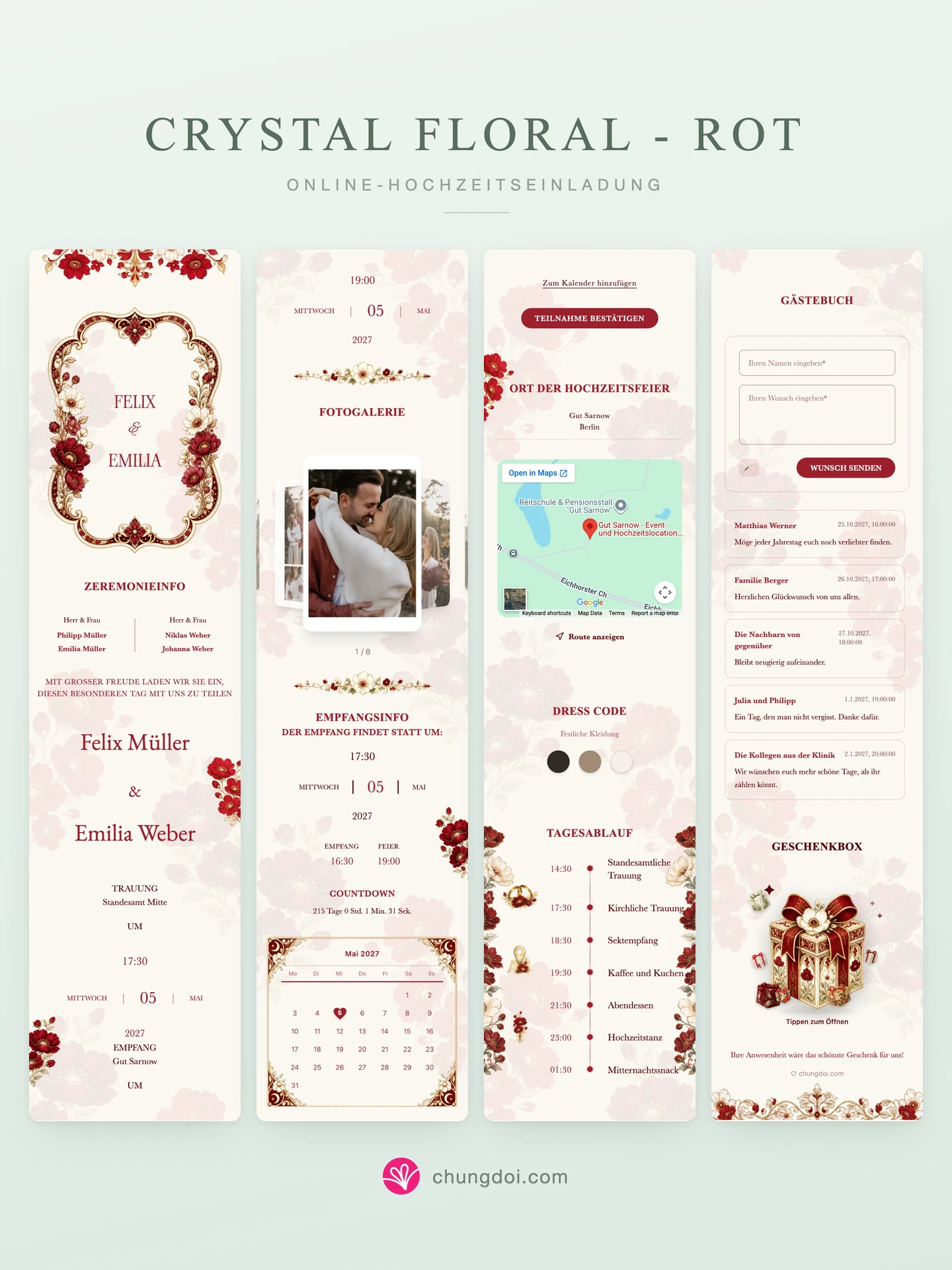 Gesamtansicht der Hochzeitseinladung Crystal Floral - Rot: die drei Abschnitte nebeneinander