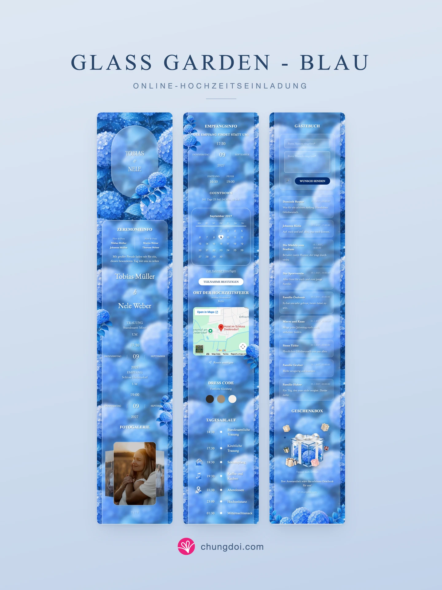 Gesamtansicht der Hochzeitseinladung Glass Garden - Blau: die drei Abschnitte nebeneinander