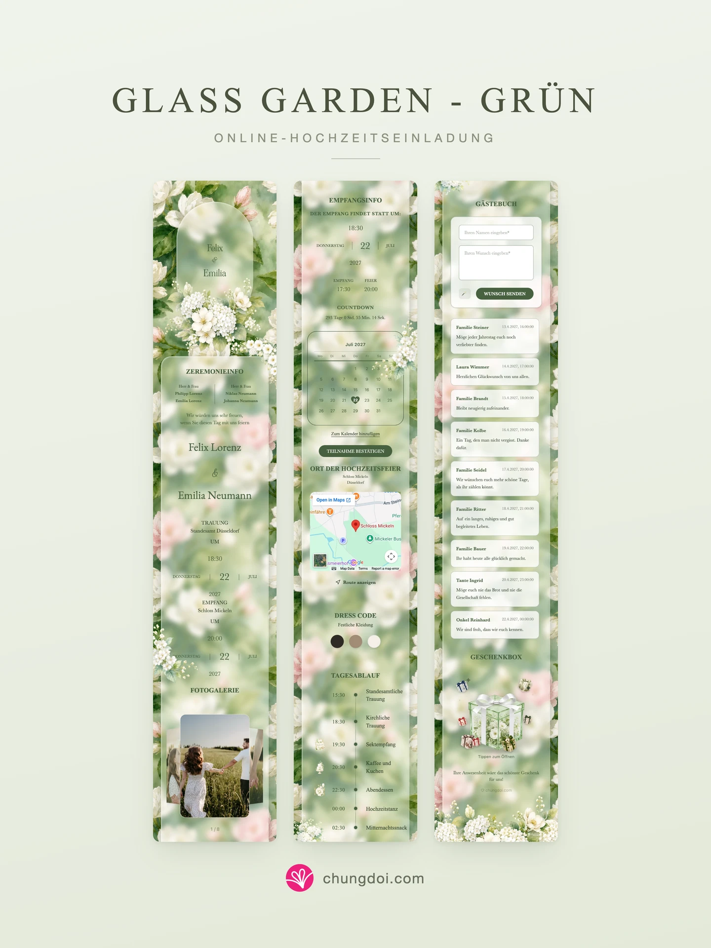Gesamtansicht der Hochzeitseinladung Glass Garden - Grün: die drei Abschnitte nebeneinander