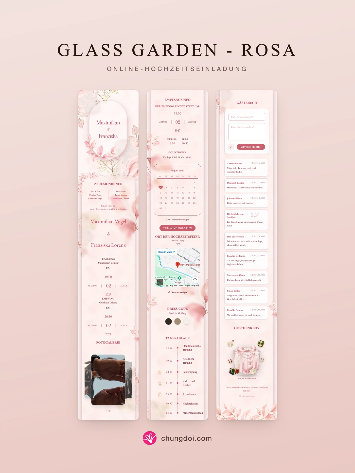 Gesamtansicht der Hochzeitseinladung Glass Garden - Rosa: die drei Abschnitte nebeneinander