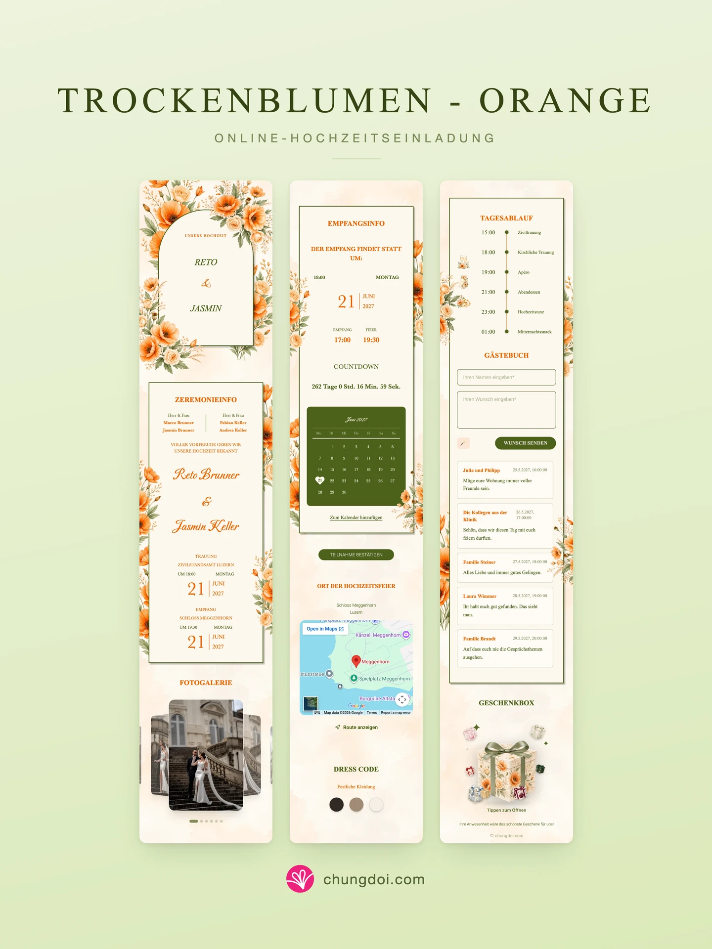 Gesamtansicht der Hochzeitseinladung Trockenblumen - Orange: die drei Abschnitte nebeneinander
