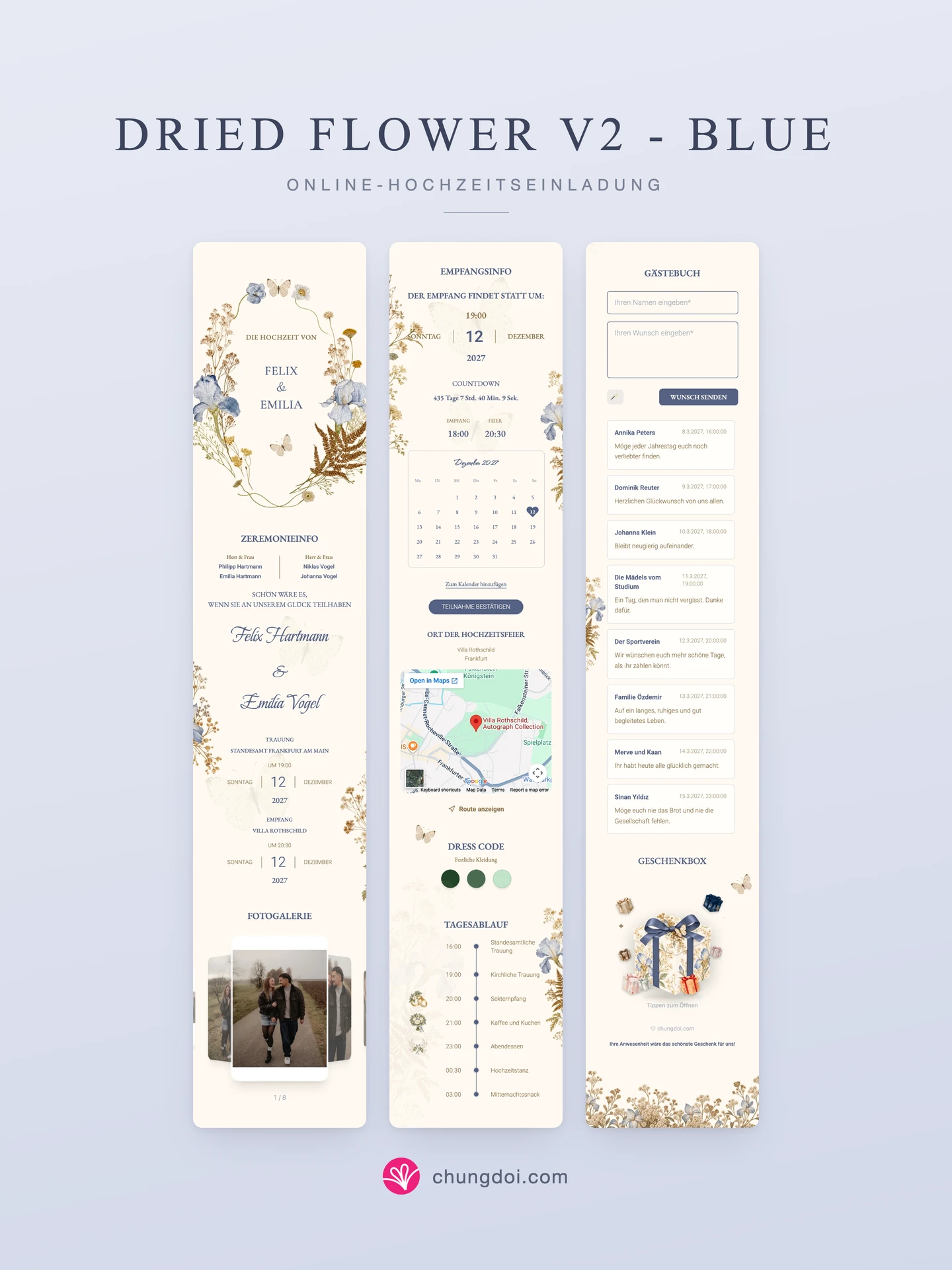 Gesamtansicht der Hochzeitseinladung Trockenblumen V2 - Blau: die drei Abschnitte nebeneinander