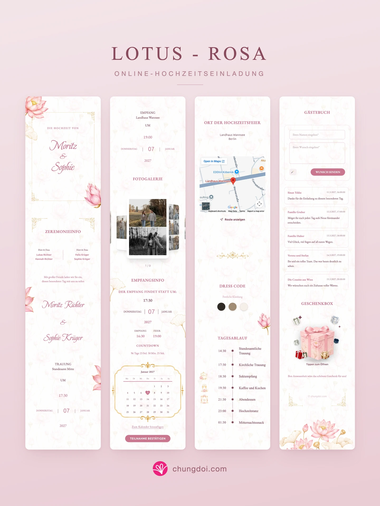 Gesamtansicht der Hochzeitseinladung Lotus - Rosa: die drei Abschnitte nebeneinander