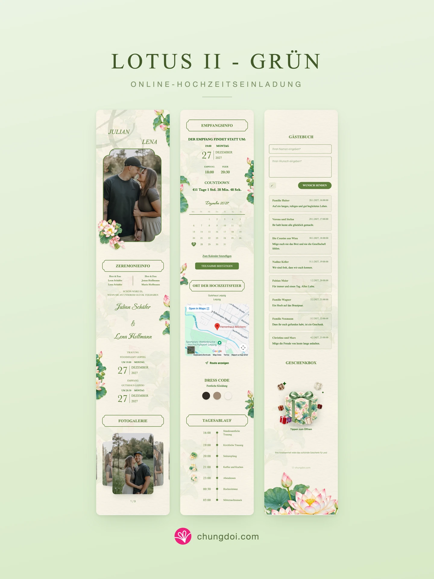 Gesamtansicht der Hochzeitseinladung Lotus II - Grün: die drei Abschnitte nebeneinander