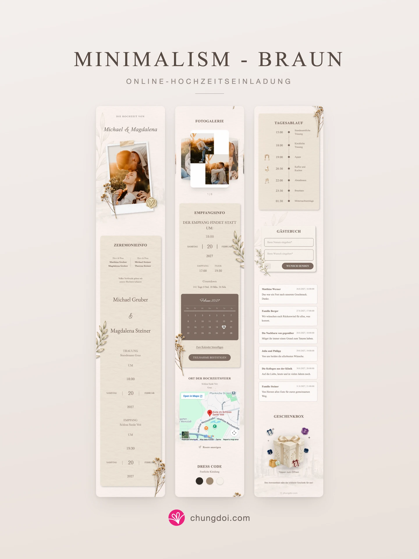 Gesamtansicht der Hochzeitseinladung Minimalism - Braun: die drei Abschnitte nebeneinander