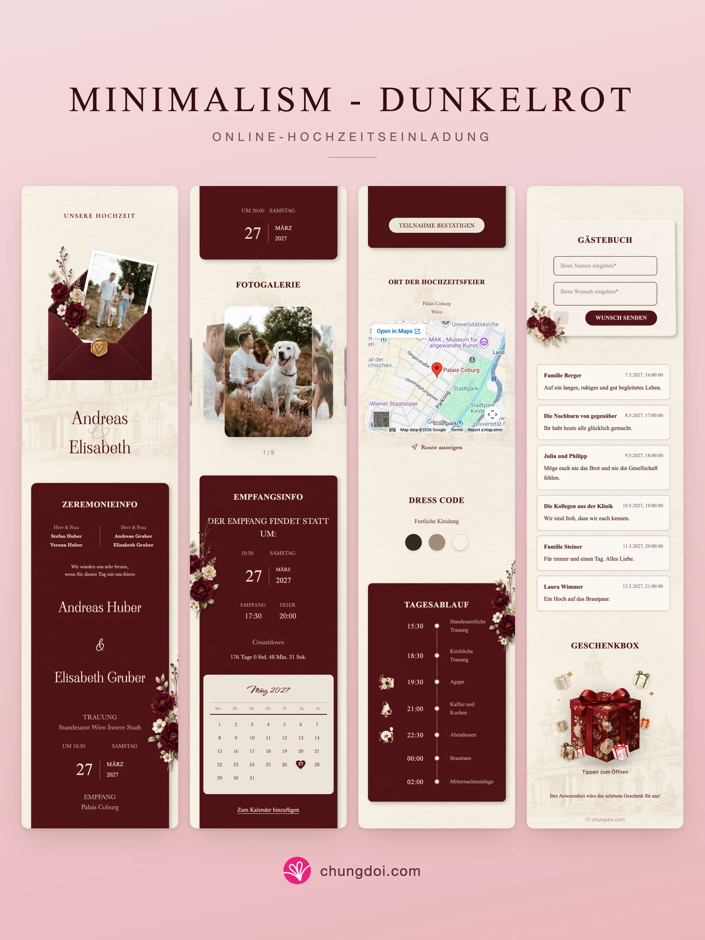 Gesamtansicht der Hochzeitseinladung Minimalism - Dunkelrot: die drei Abschnitte nebeneinander