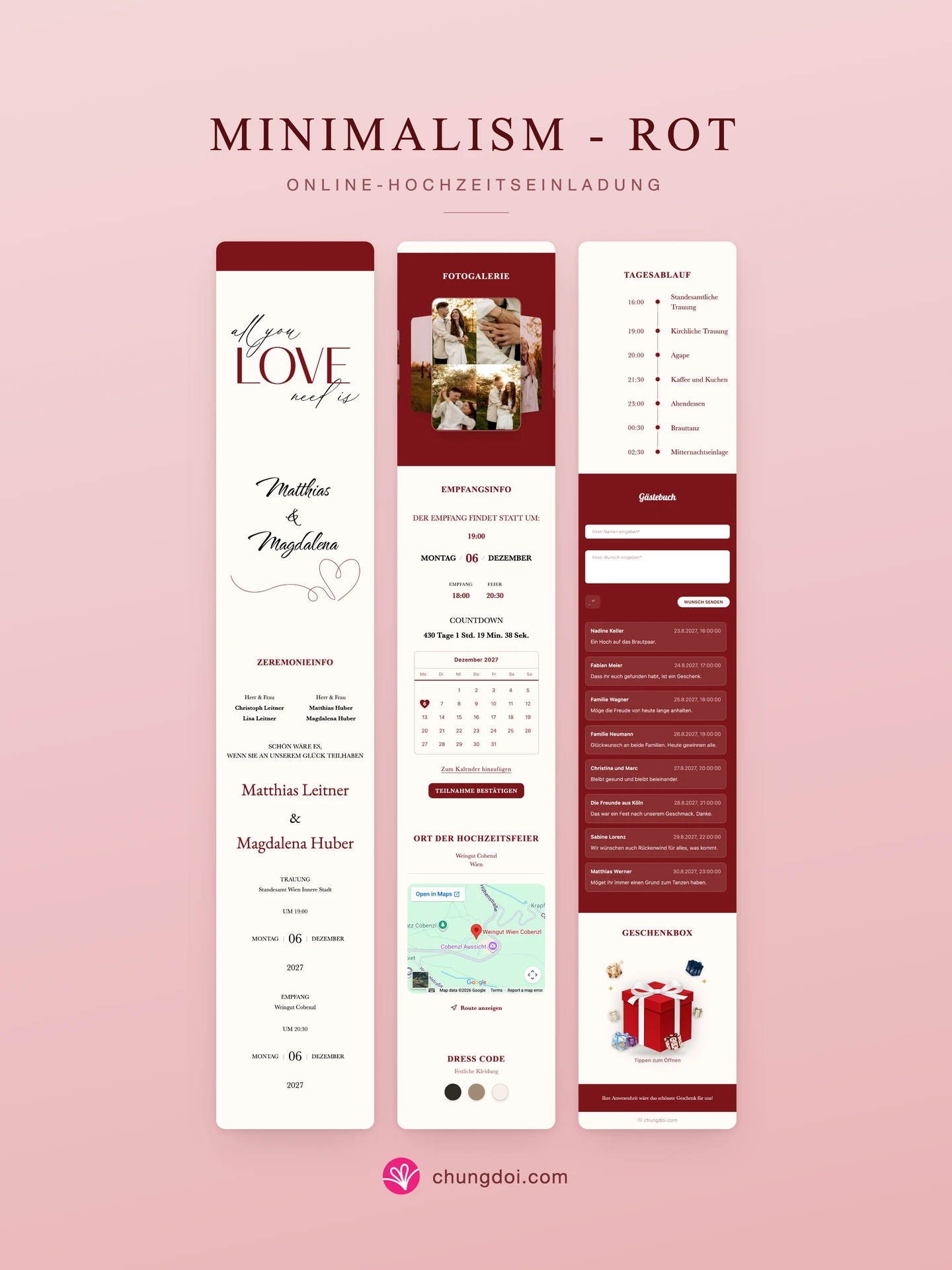 Gesamtansicht der Hochzeitseinladung Minimalism - Rot: die drei Abschnitte nebeneinander