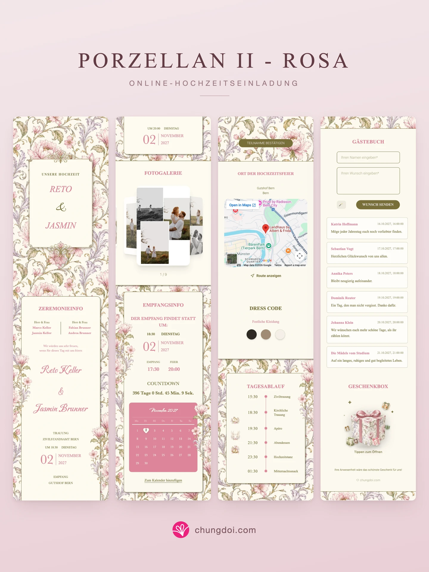 Gesamtansicht der Hochzeitseinladung Porzellan II - Rosa: die drei Abschnitte nebeneinander