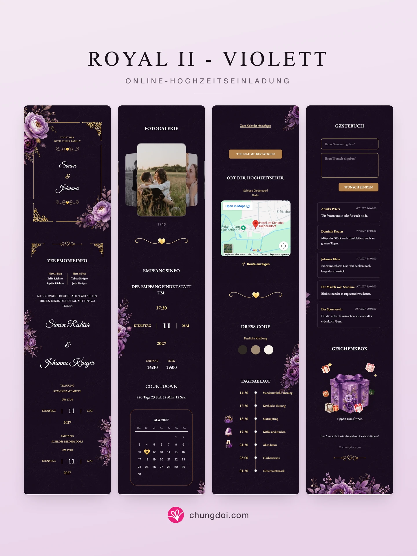 Gesamtansicht der Hochzeitseinladung Royal II - Violett: die drei Abschnitte nebeneinander
