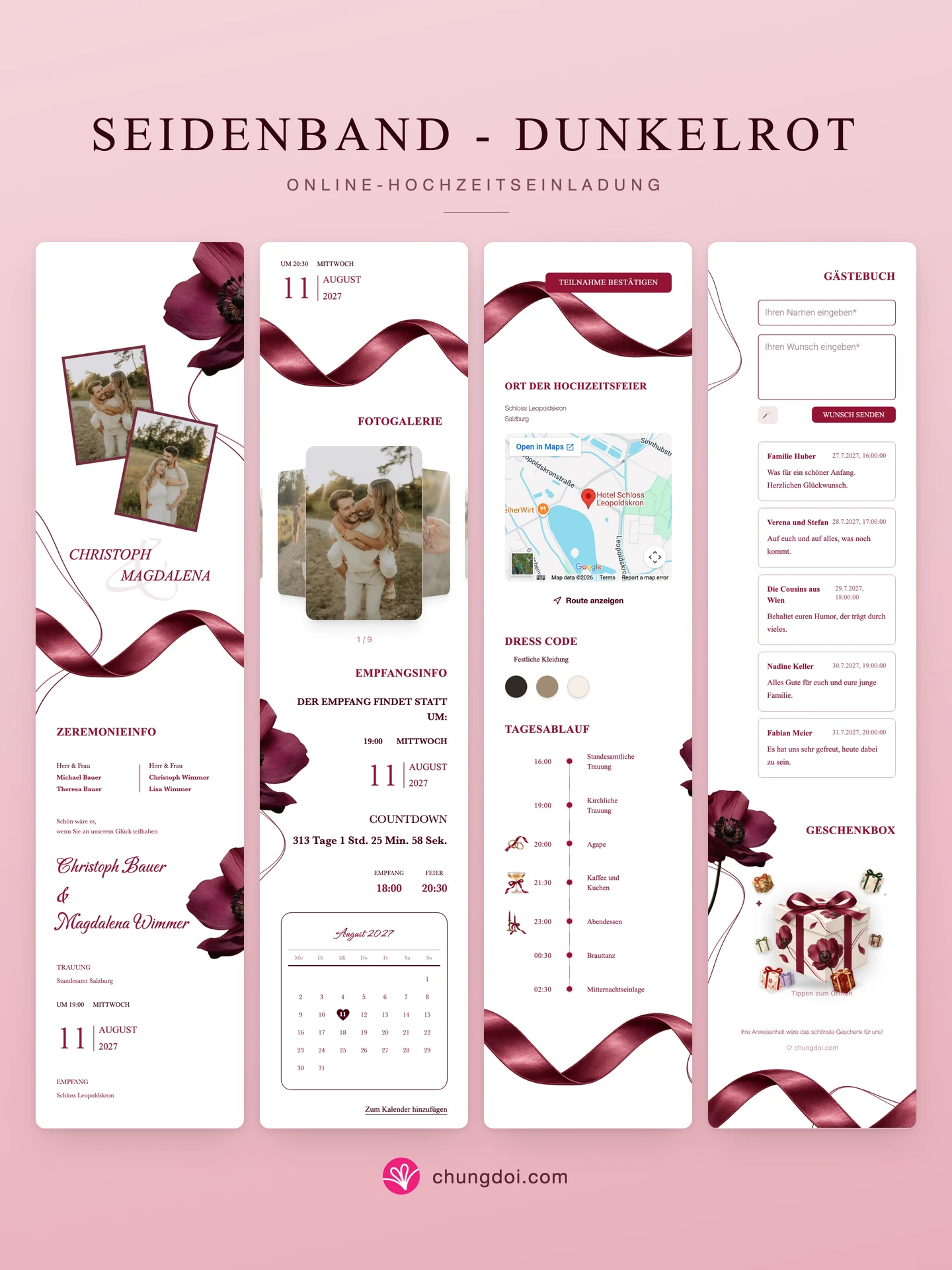 Gesamtansicht der Hochzeitseinladung Seidenband - Dunkelrot: die drei Abschnitte nebeneinander