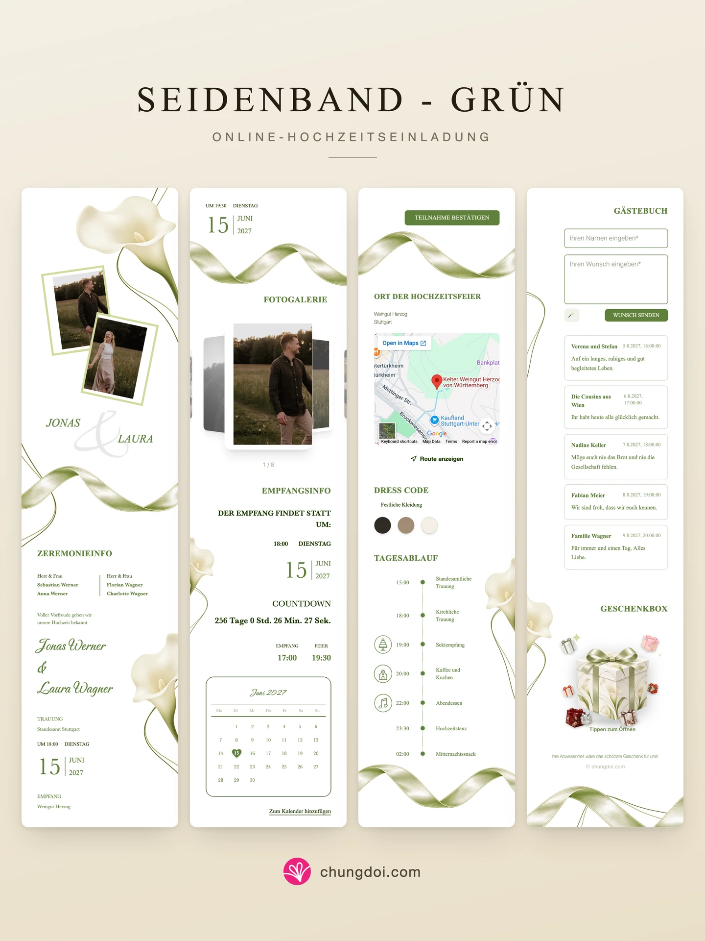 Gesamtansicht der Hochzeitseinladung Seidenband - Grün: die drei Abschnitte nebeneinander