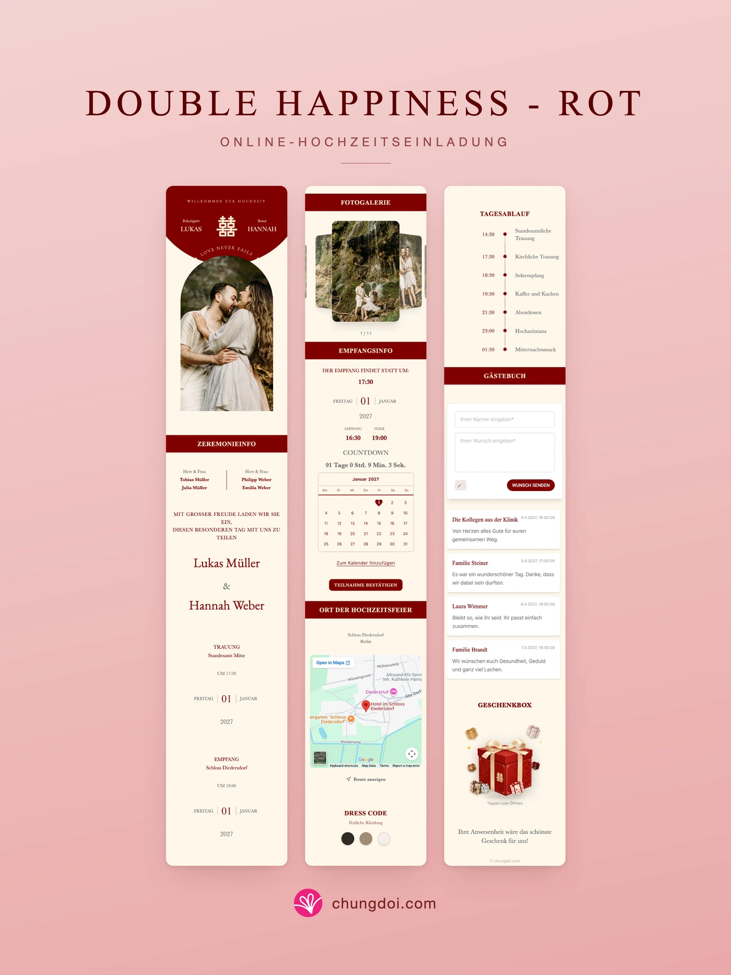 Gesamtansicht der Hochzeitseinladung Double Happiness - Rot: die drei Abschnitte nebeneinander
