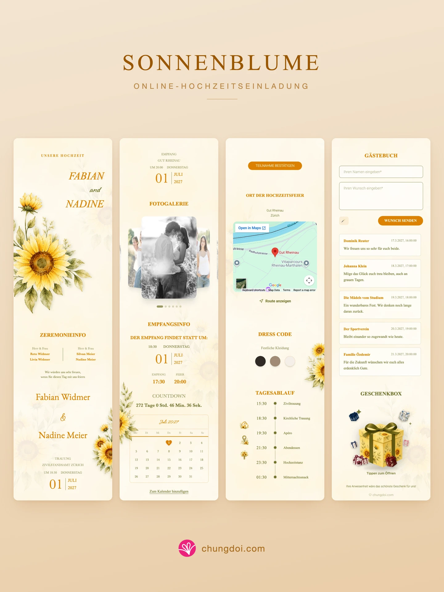 Gesamtansicht der Hochzeitseinladung Sonnenblume: die drei Abschnitte nebeneinander