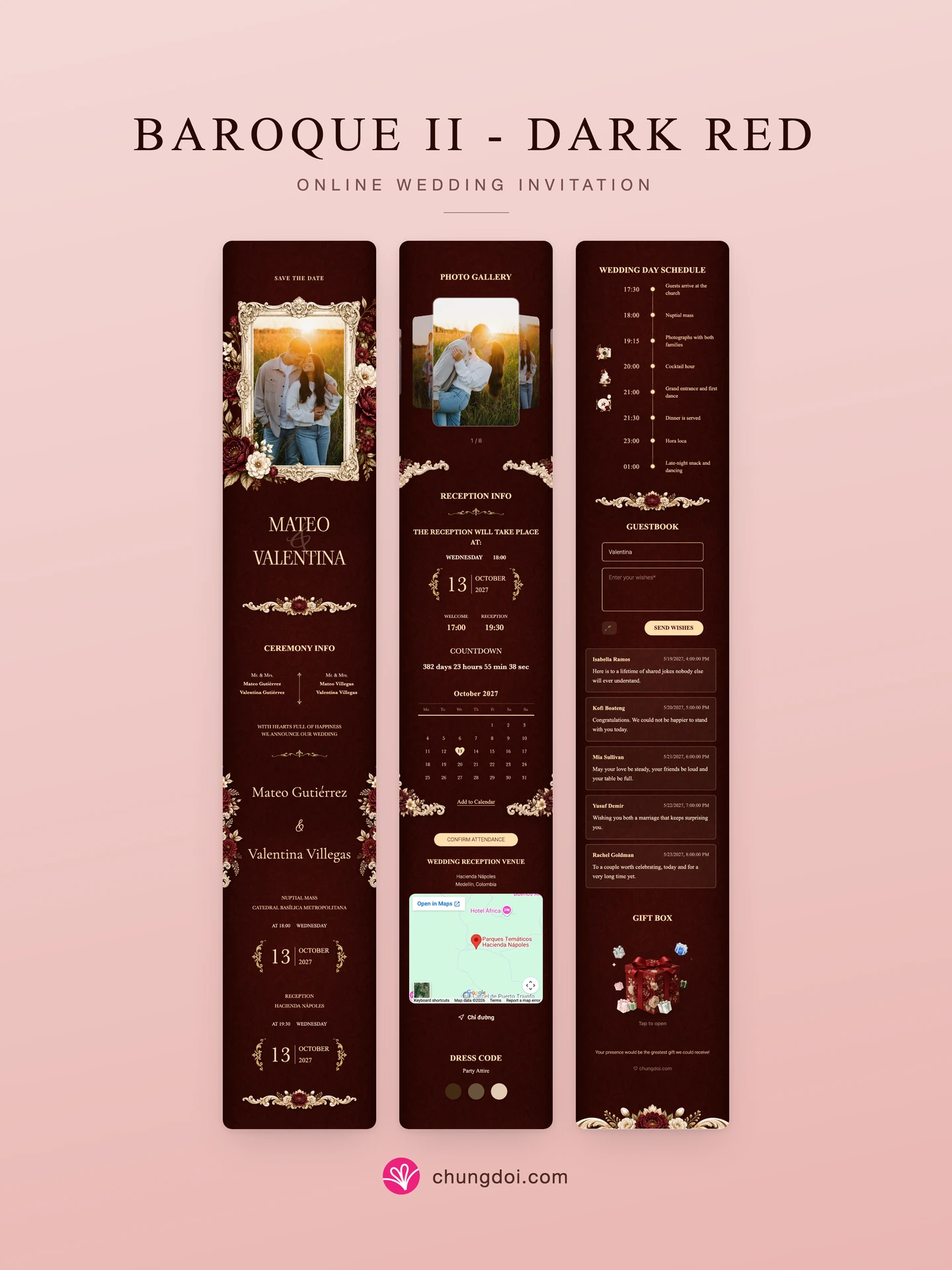 Full view of the Baroque II - Dark Red wedding invitation: its three sections side by side