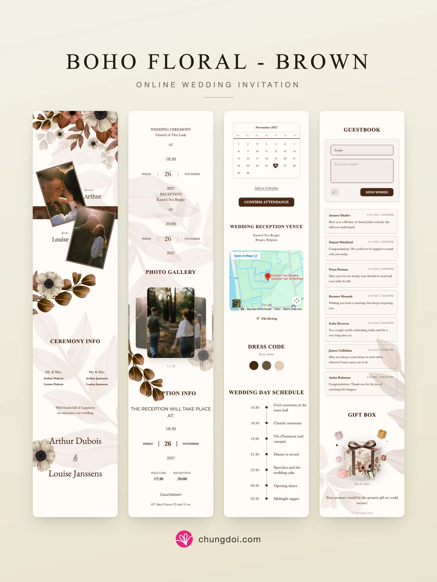 Full view of the Boho Floral - Brown wedding invitation: its three sections side by side