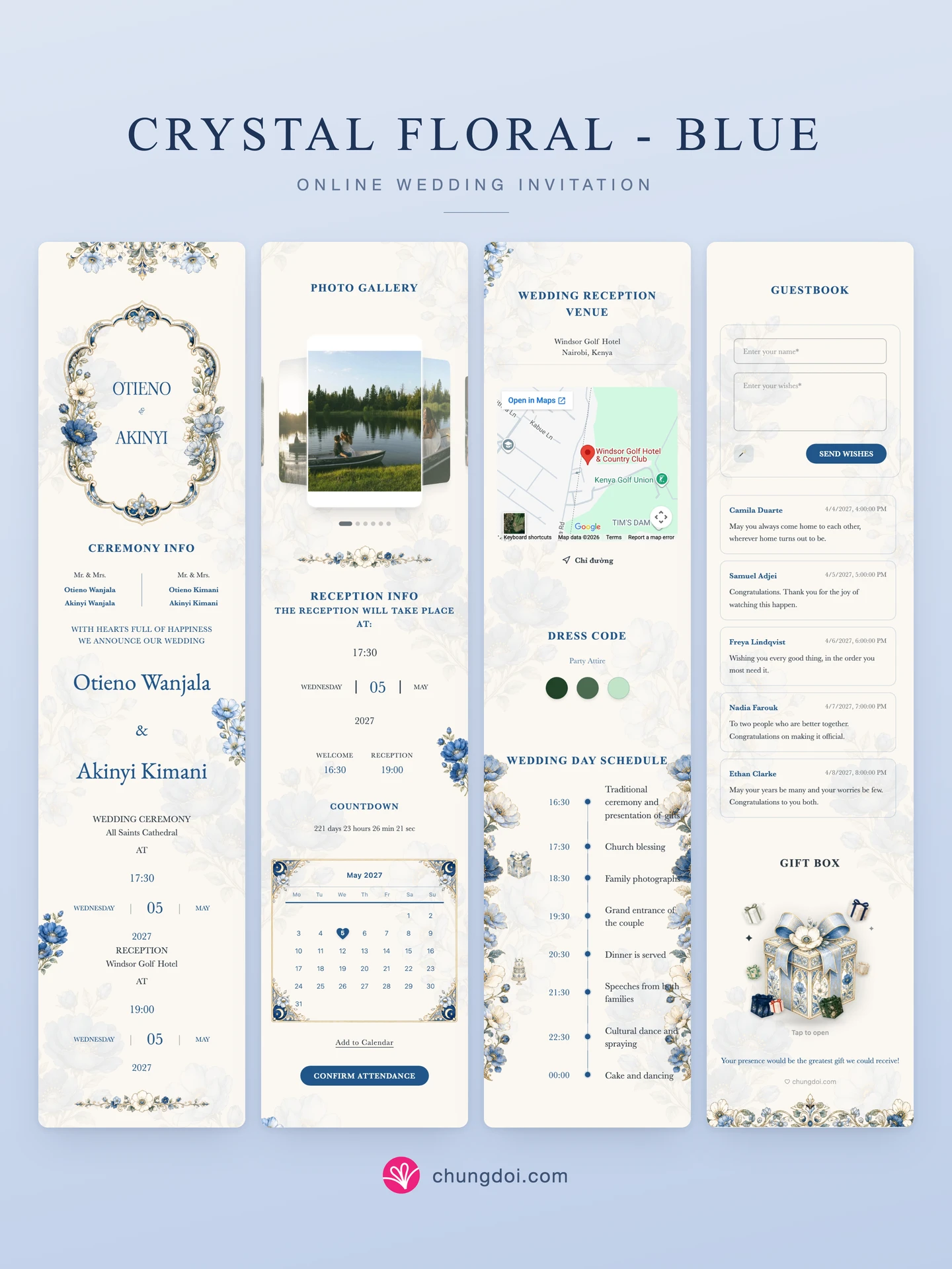 Full view of the Crystal Floral - Blue wedding invitation: its three sections side by side