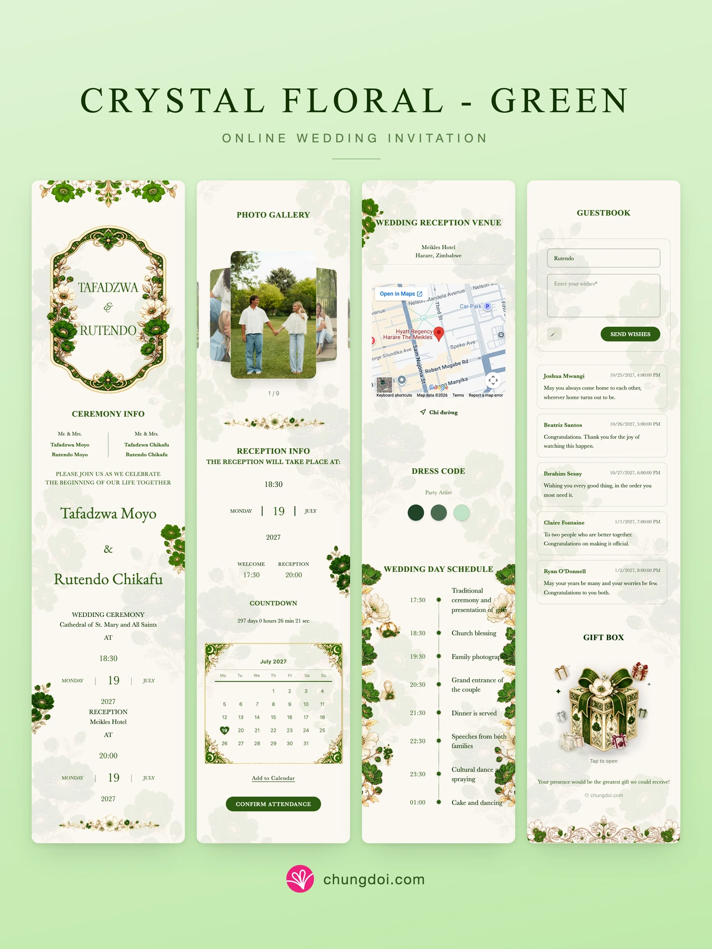 Full view of the Crystal Floral - Green wedding invitation: its three sections side by side