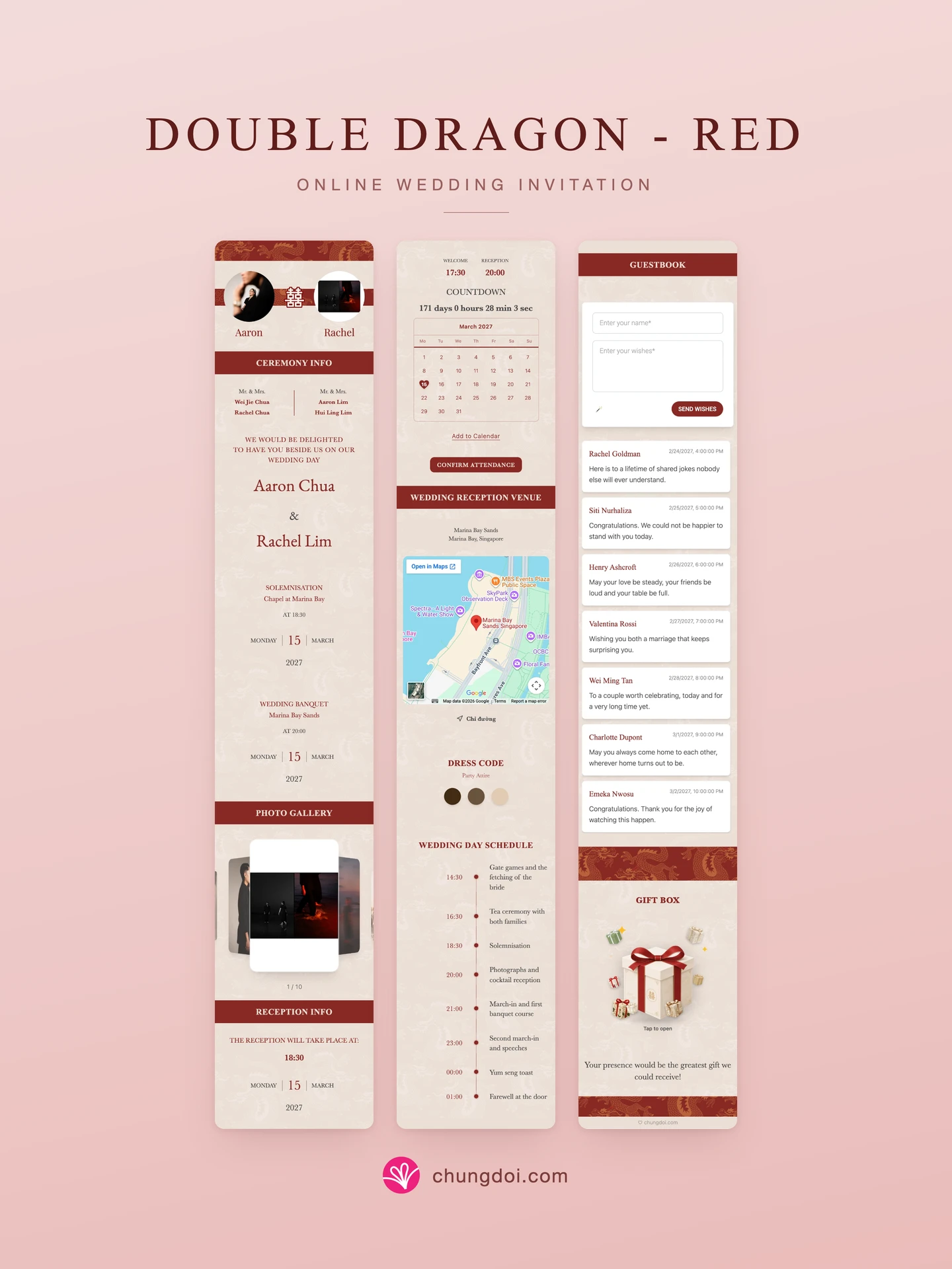 Full view of the Double Dragon - Red wedding invitation: its three sections side by side