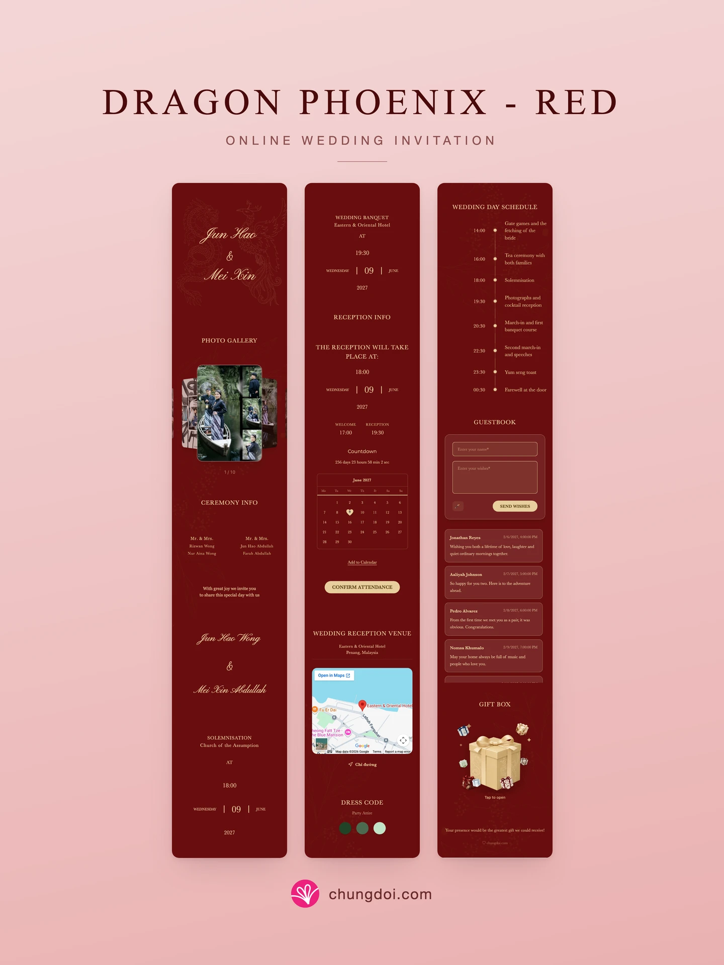 Full view of the Dragon Phoenix - Red wedding invitation: its three sections side by side
