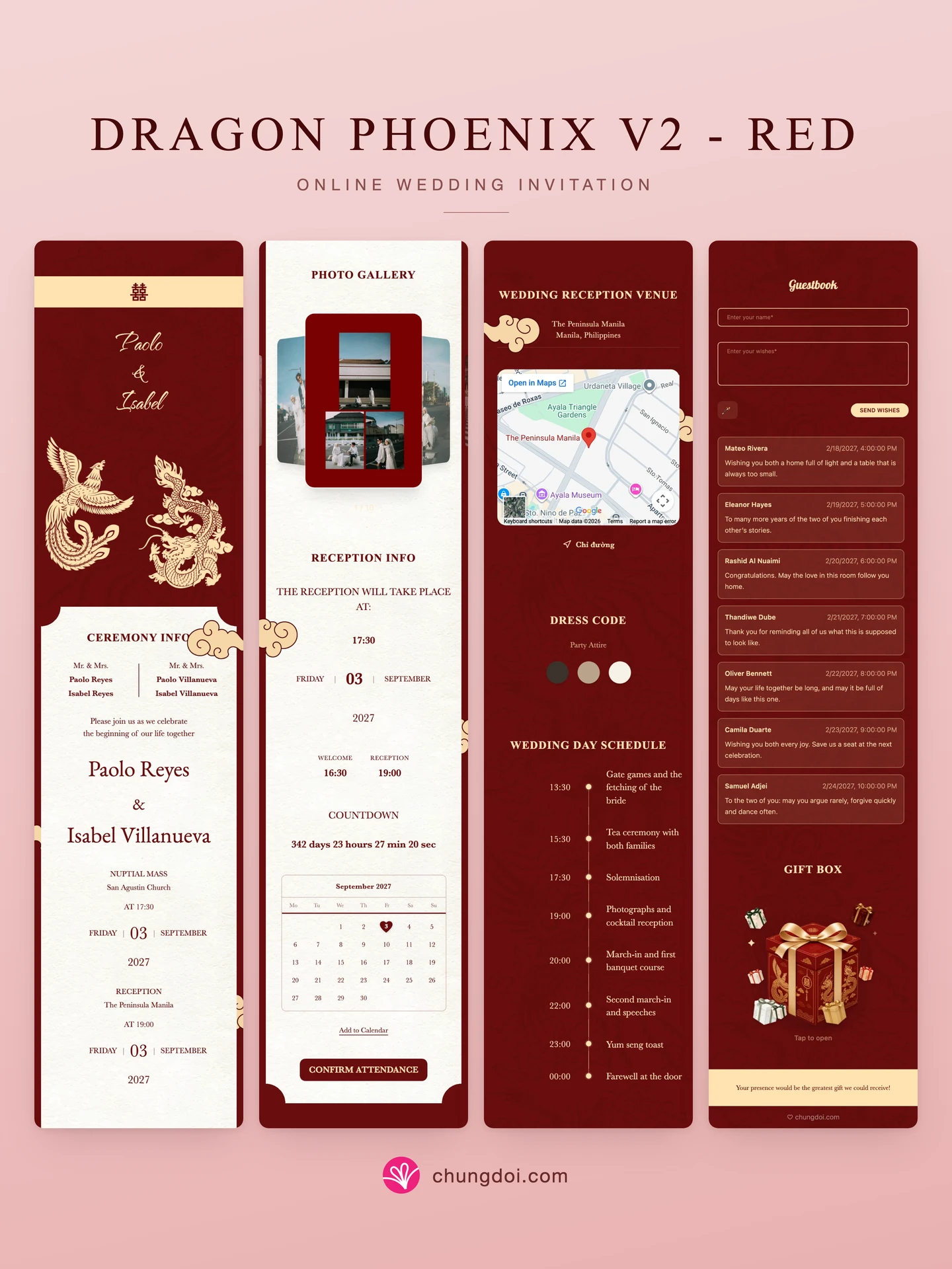 Full view of the Dragon Phoenix V2 - Red wedding invitation: its three sections side by side