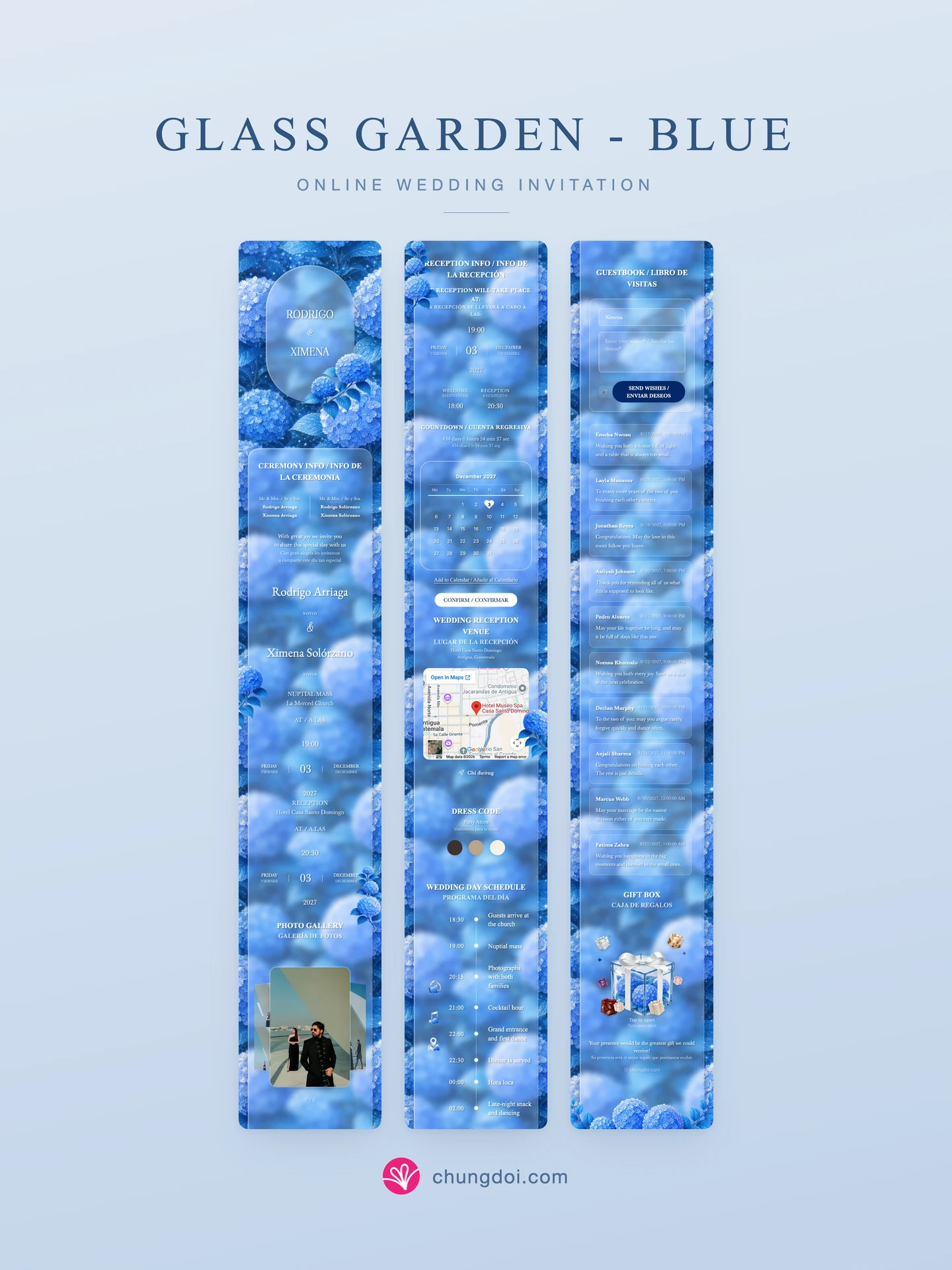 Full view of the Glass Garden - Blue wedding invitation: its three sections side by side
