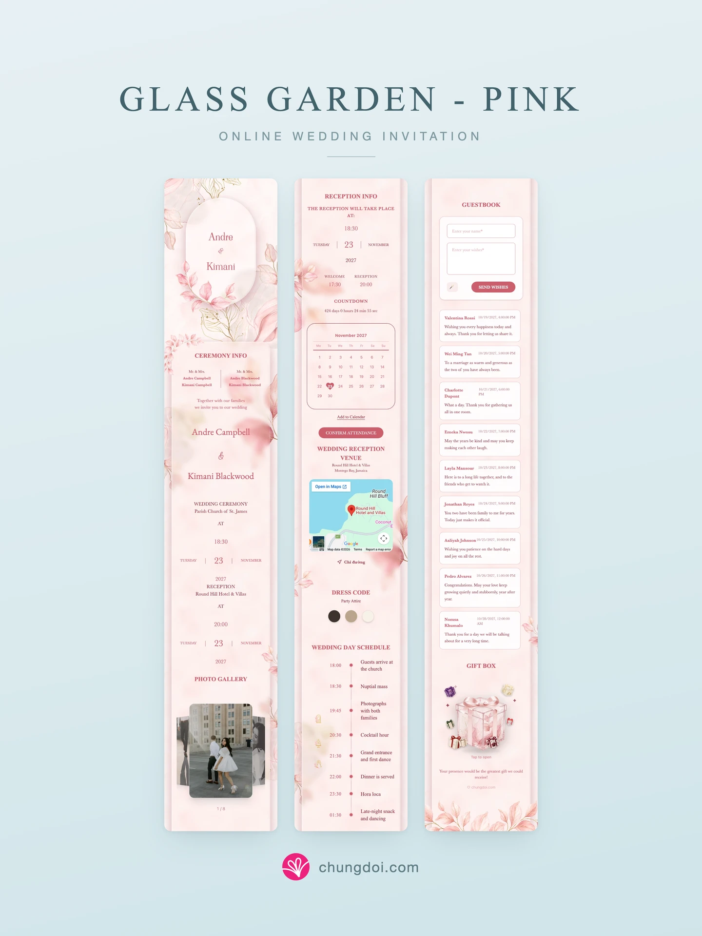 Full view of the Glass Garden - Pink wedding invitation: its three sections side by side