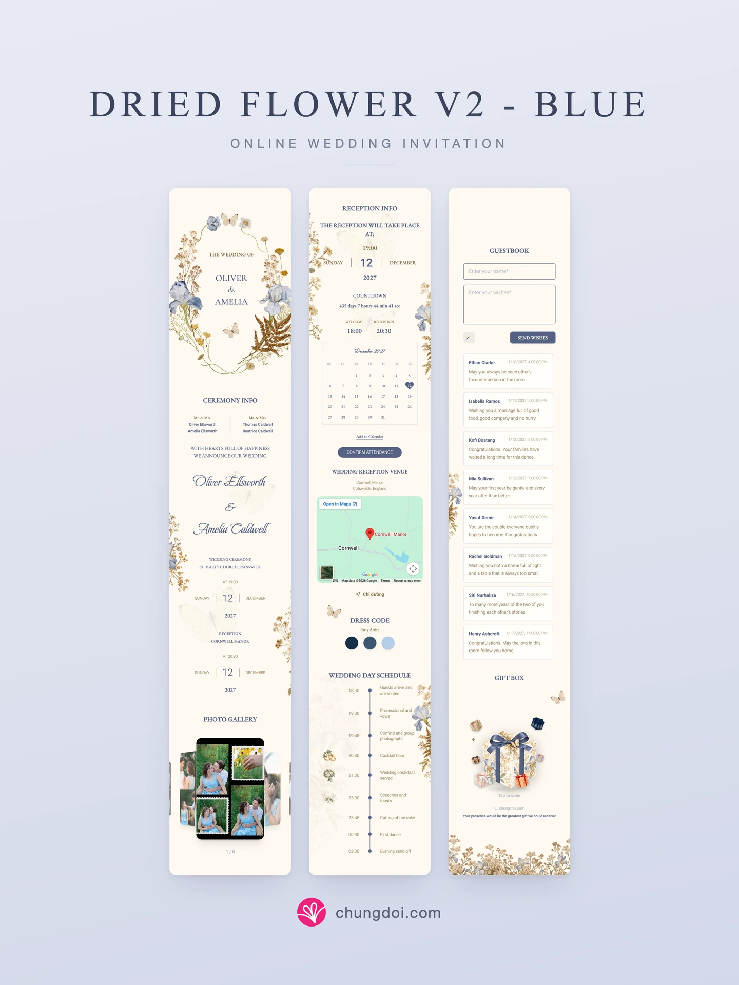 Full view of the Dried Flower V2 - Blue wedding invitation: its three sections side by side