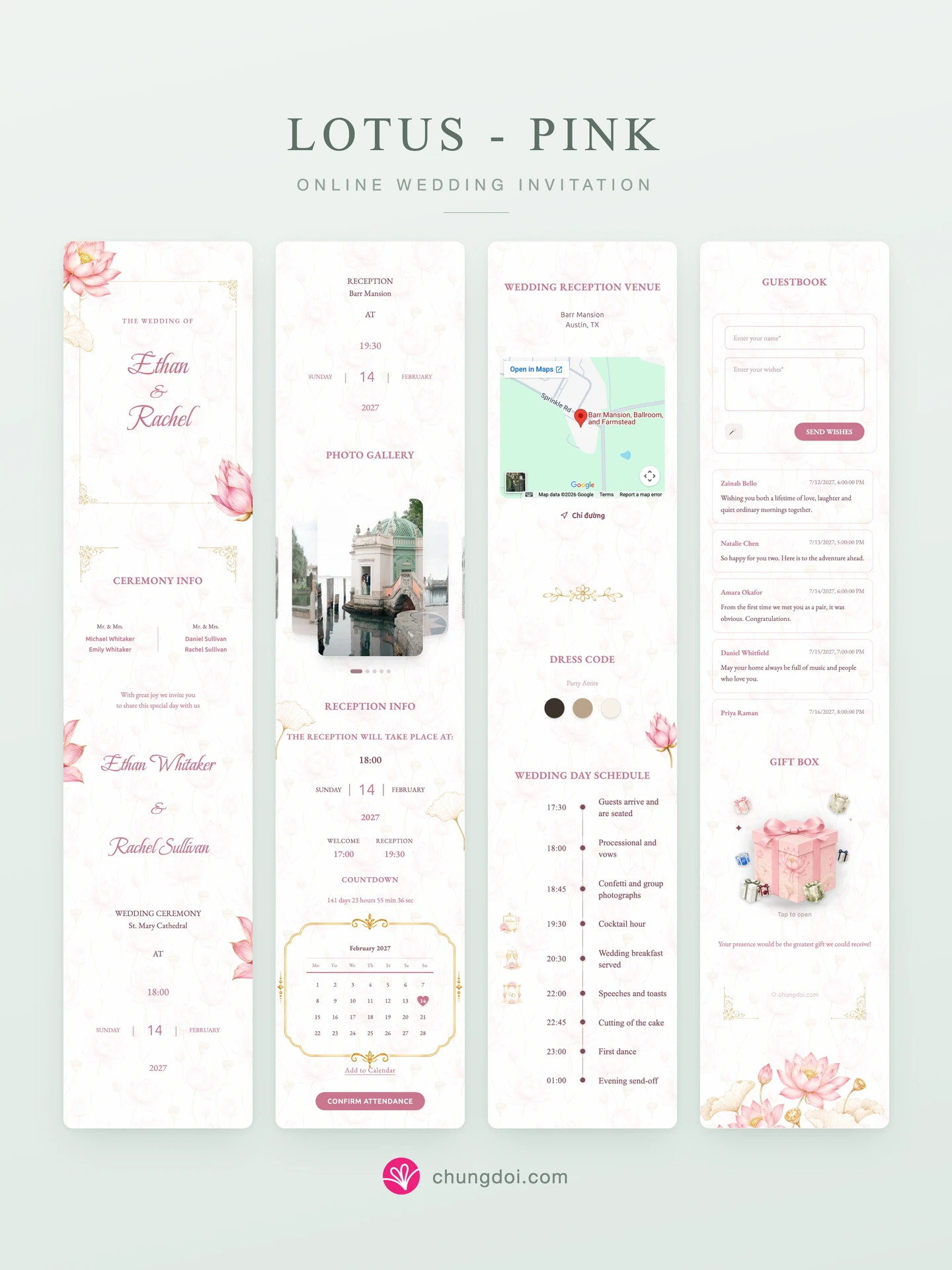 Full view of the Lotus - Pink wedding invitation: its three sections side by side