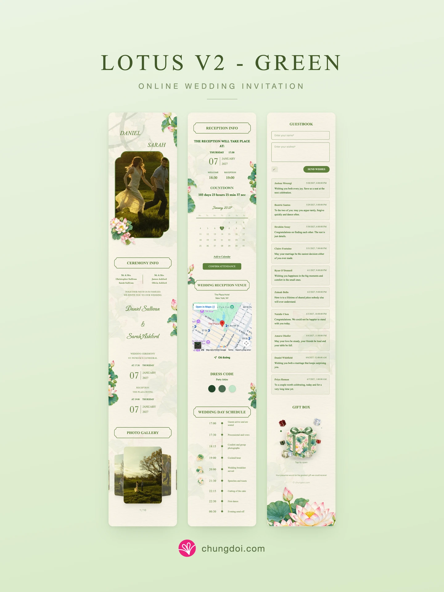 Full view of the Lotus V2 - Green wedding invitation: its three sections side by side