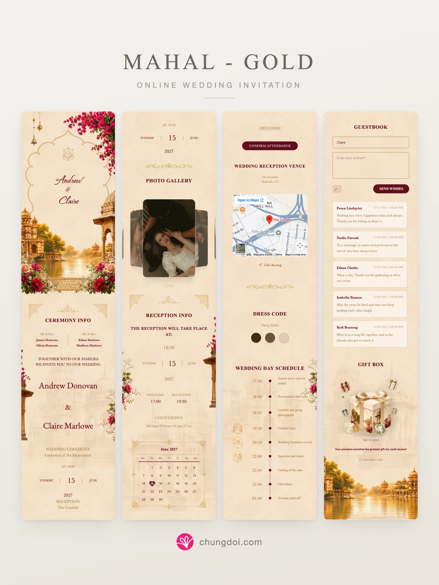 Full view of the Mahal - Gold wedding invitation: its three sections side by side