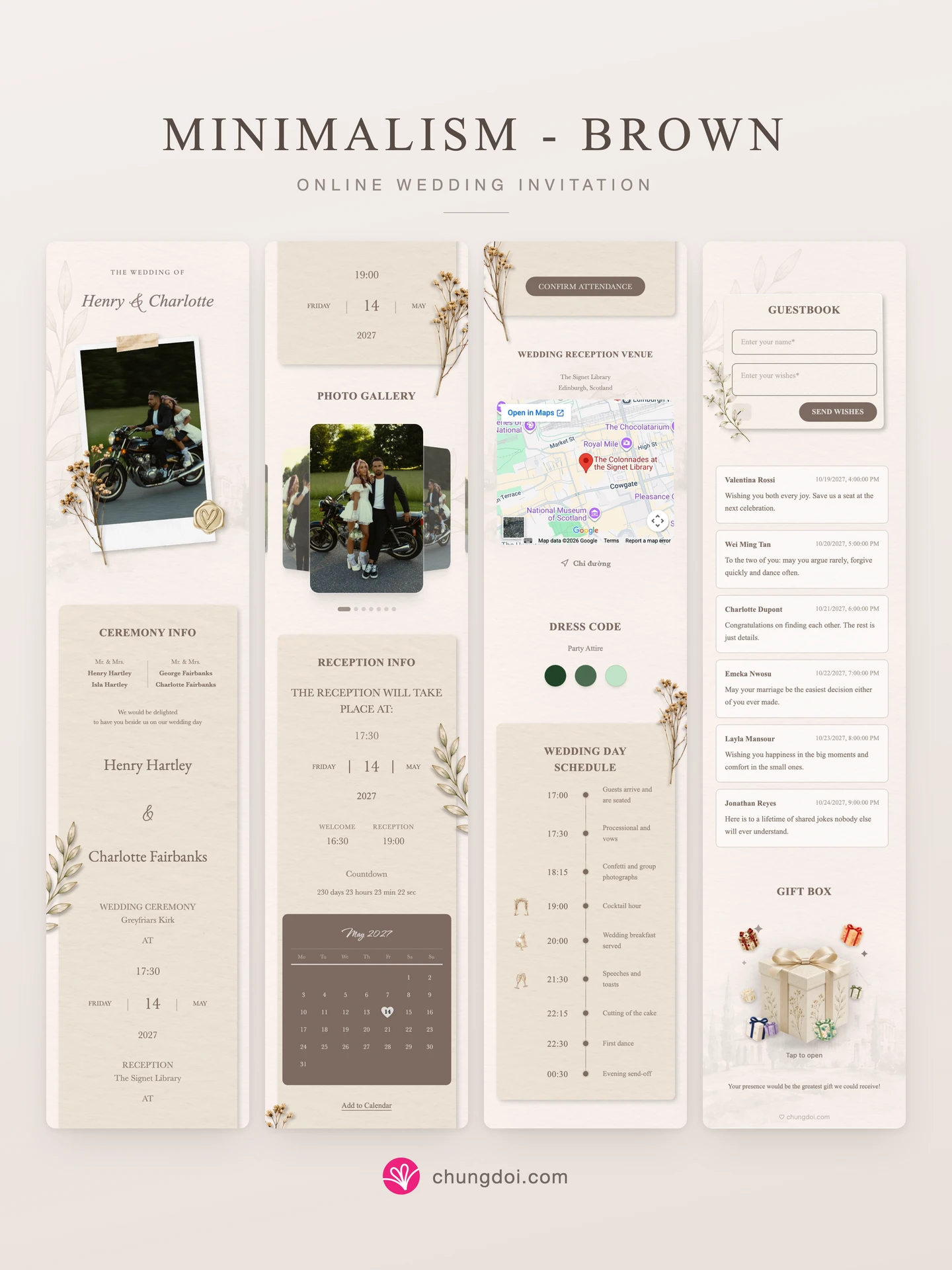Full view of the Minimalism - Brown wedding invitation: its three sections side by side