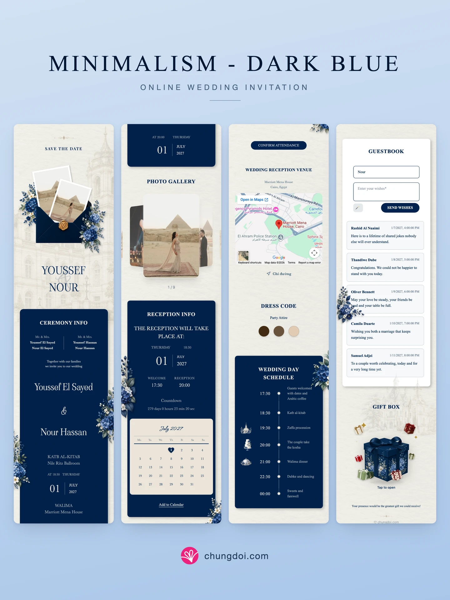 Full view of the Minimalism - Dark Blue wedding invitation: its three sections side by side
