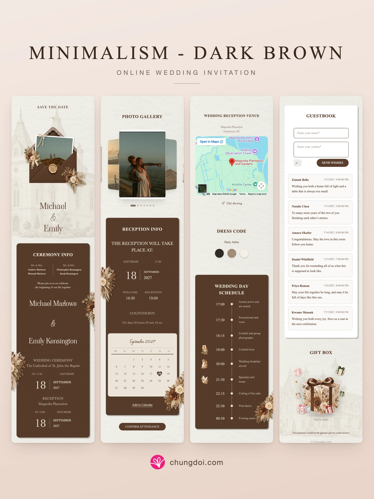 Full view of the Minimalism - Dark Brown wedding invitation: its three sections side by side