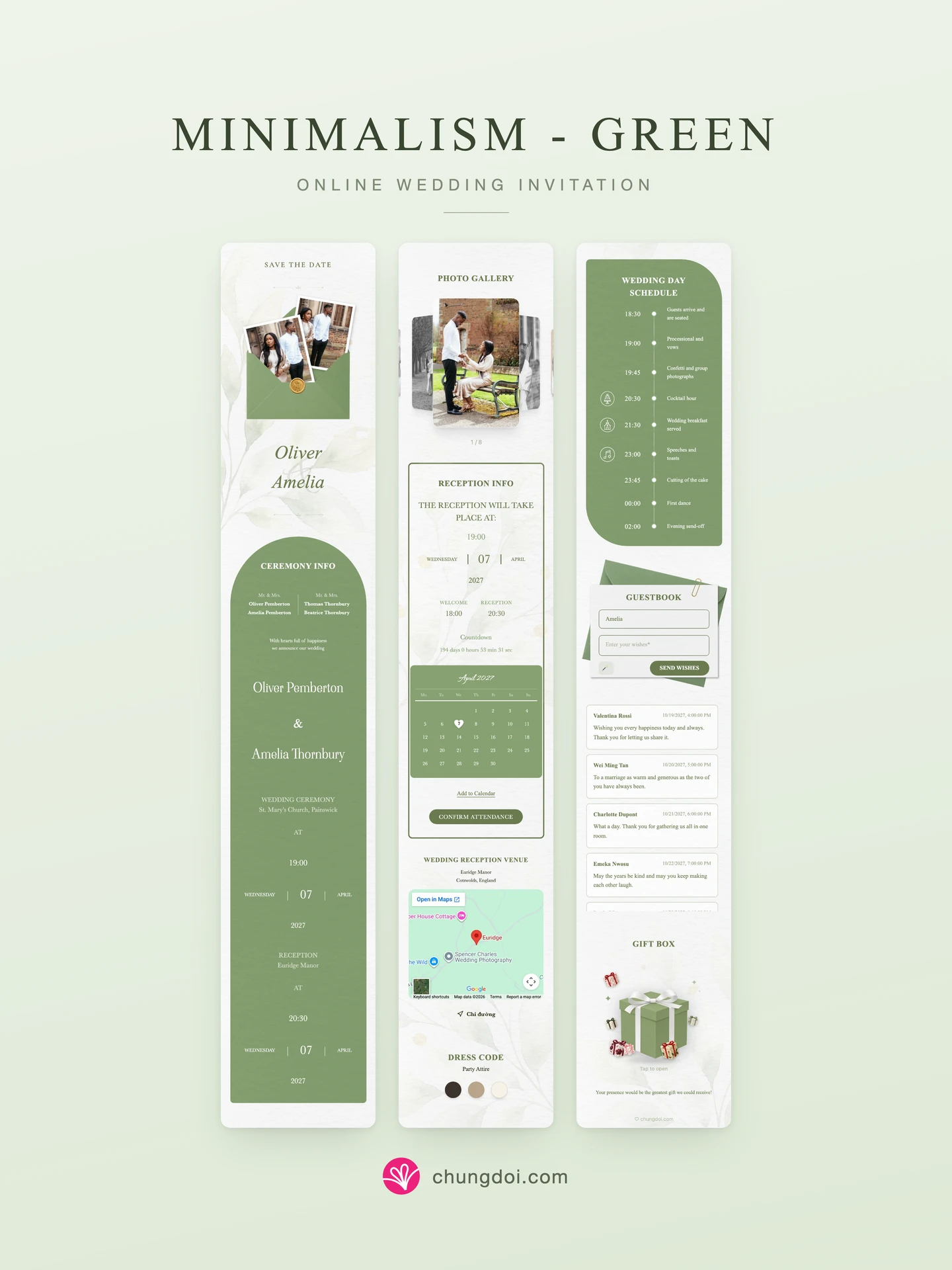 Full view of the Minimalism - Green wedding invitation: its three sections side by side
