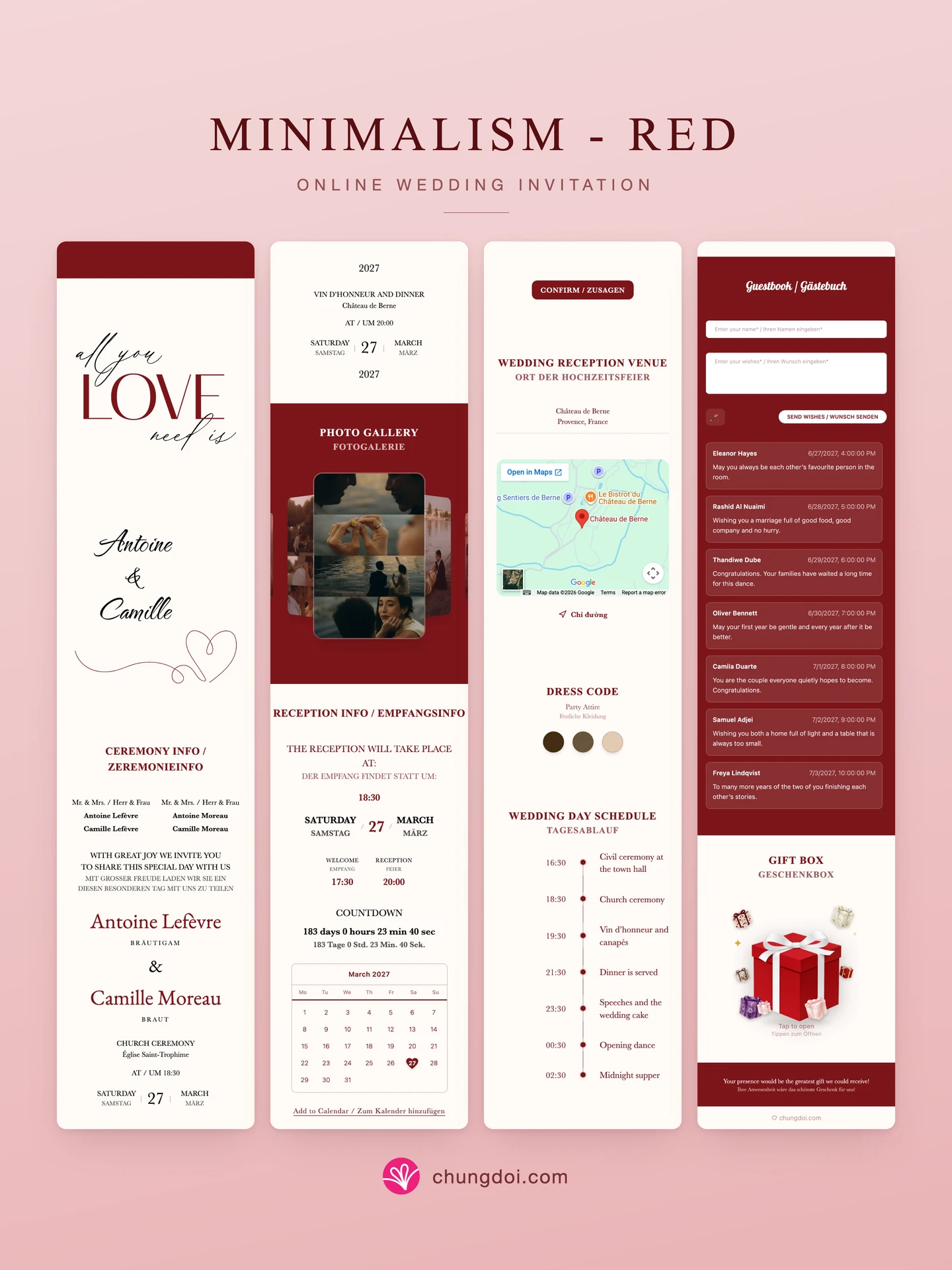 Full view of the Minimalism - Red wedding invitation: its three sections side by side