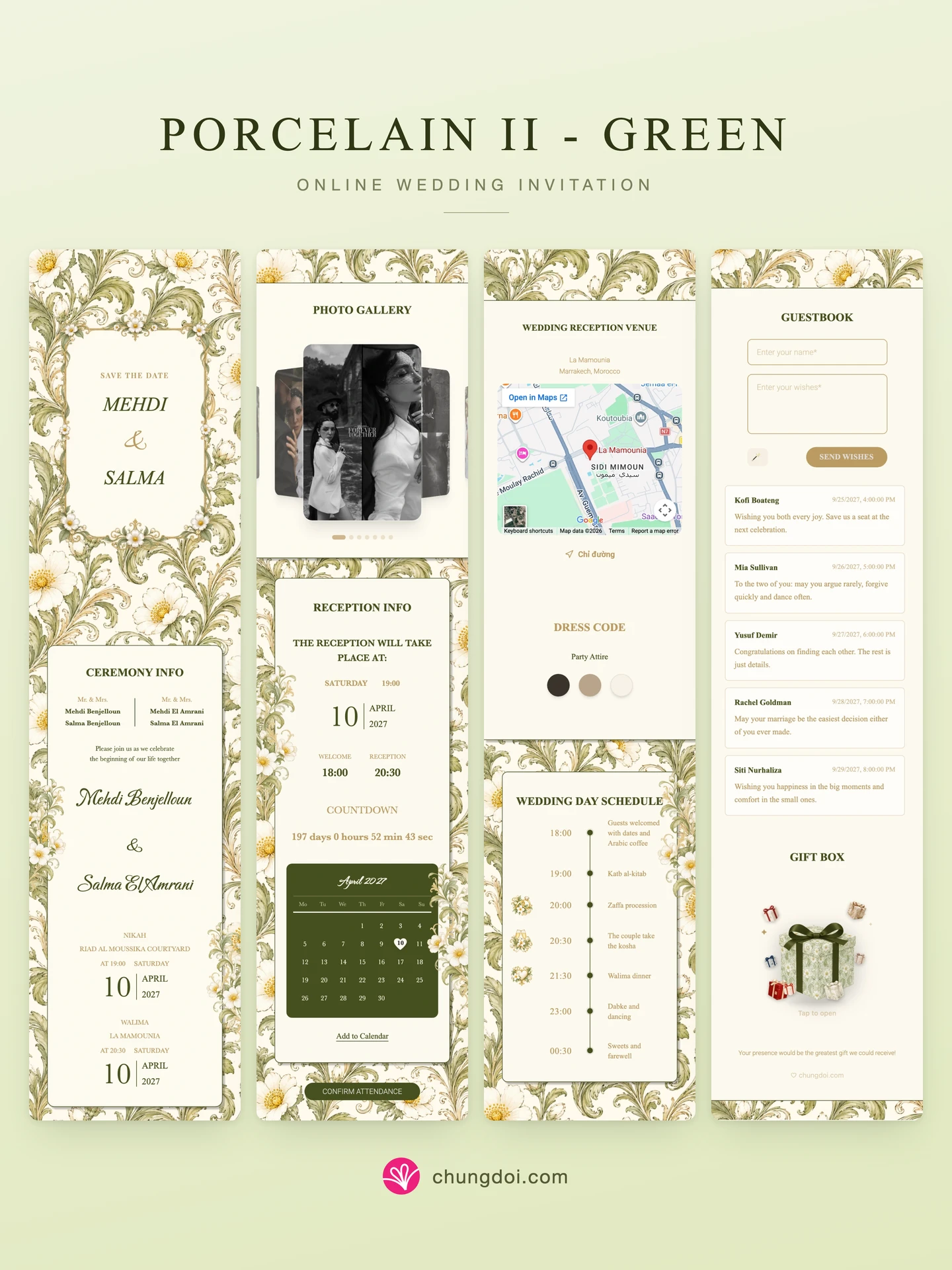 Full view of the Porcelain II - Green wedding invitation: its three sections side by side