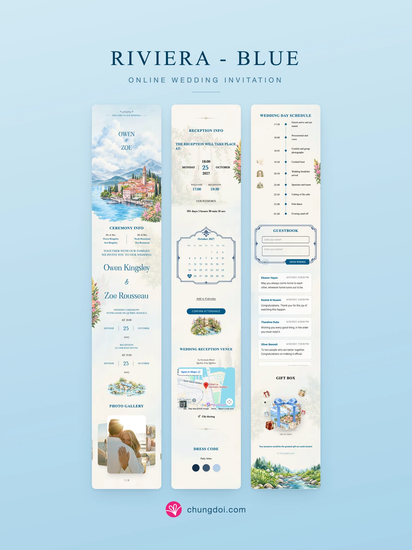 Full view of the Riviera - Blue wedding invitation: its three sections side by side