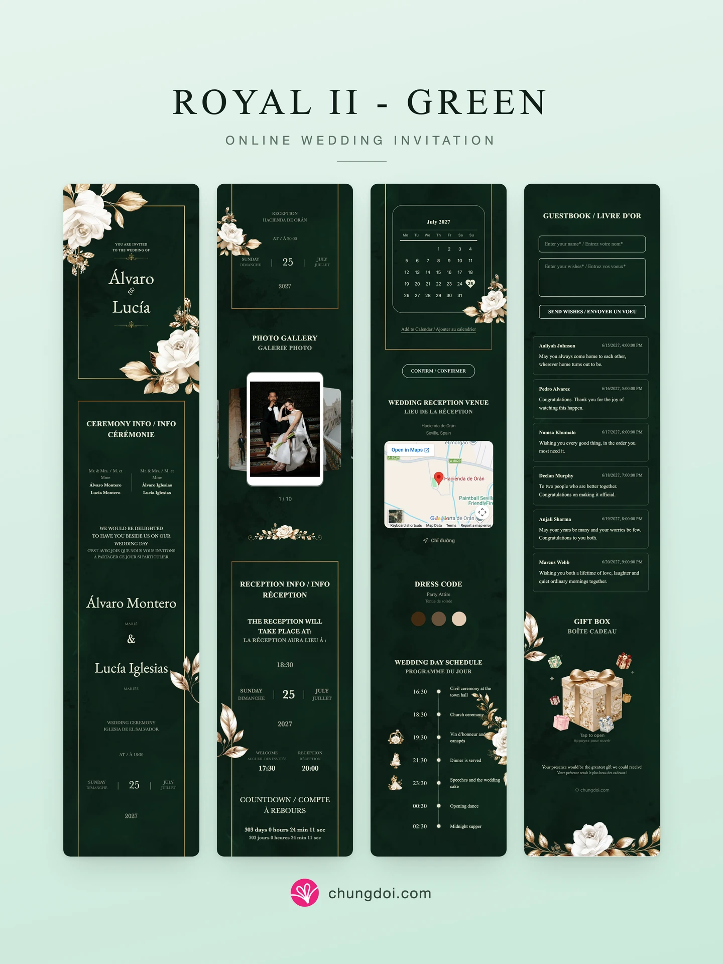 Full view of the Royal II - Green wedding invitation: its three sections side by side