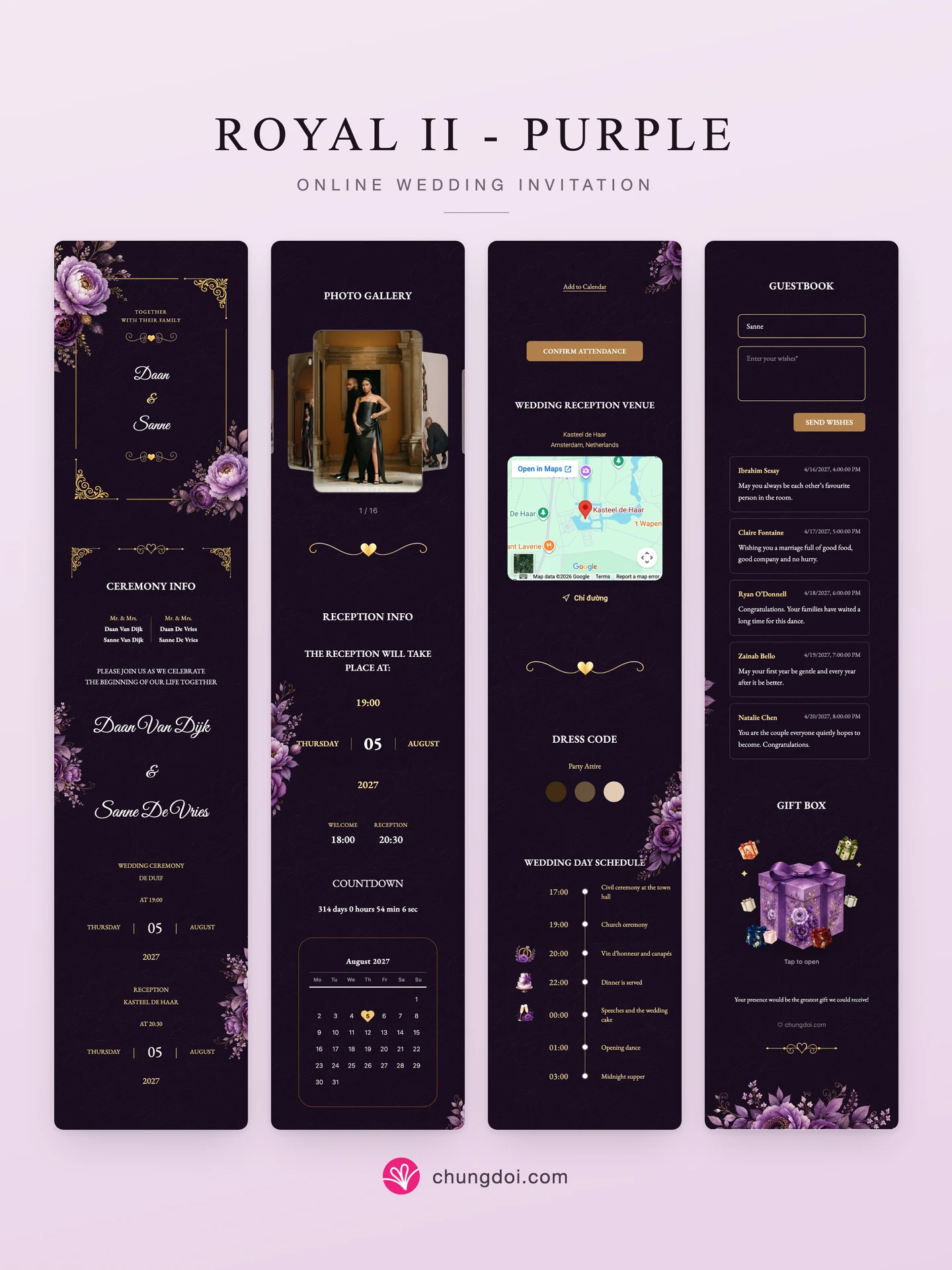 Full view of the Royal II - Purple wedding invitation: its three sections side by side