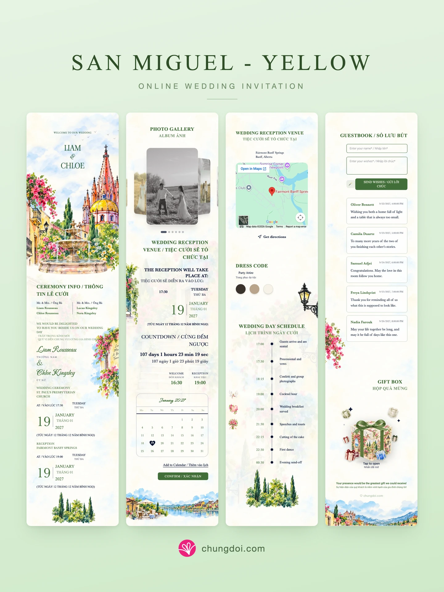 Full view of the San Miguel - Yellow wedding invitation: its three sections side by side