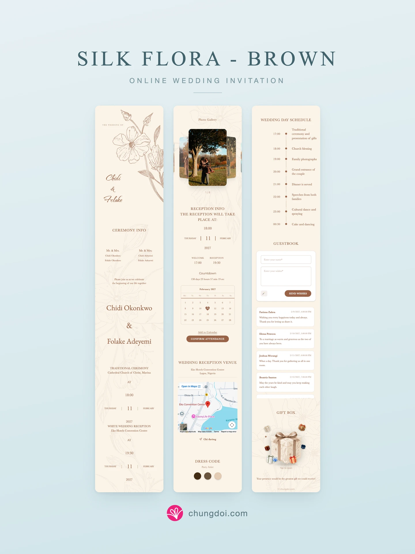 Full view of the Silk Flora - Brown wedding invitation: its three sections side by side