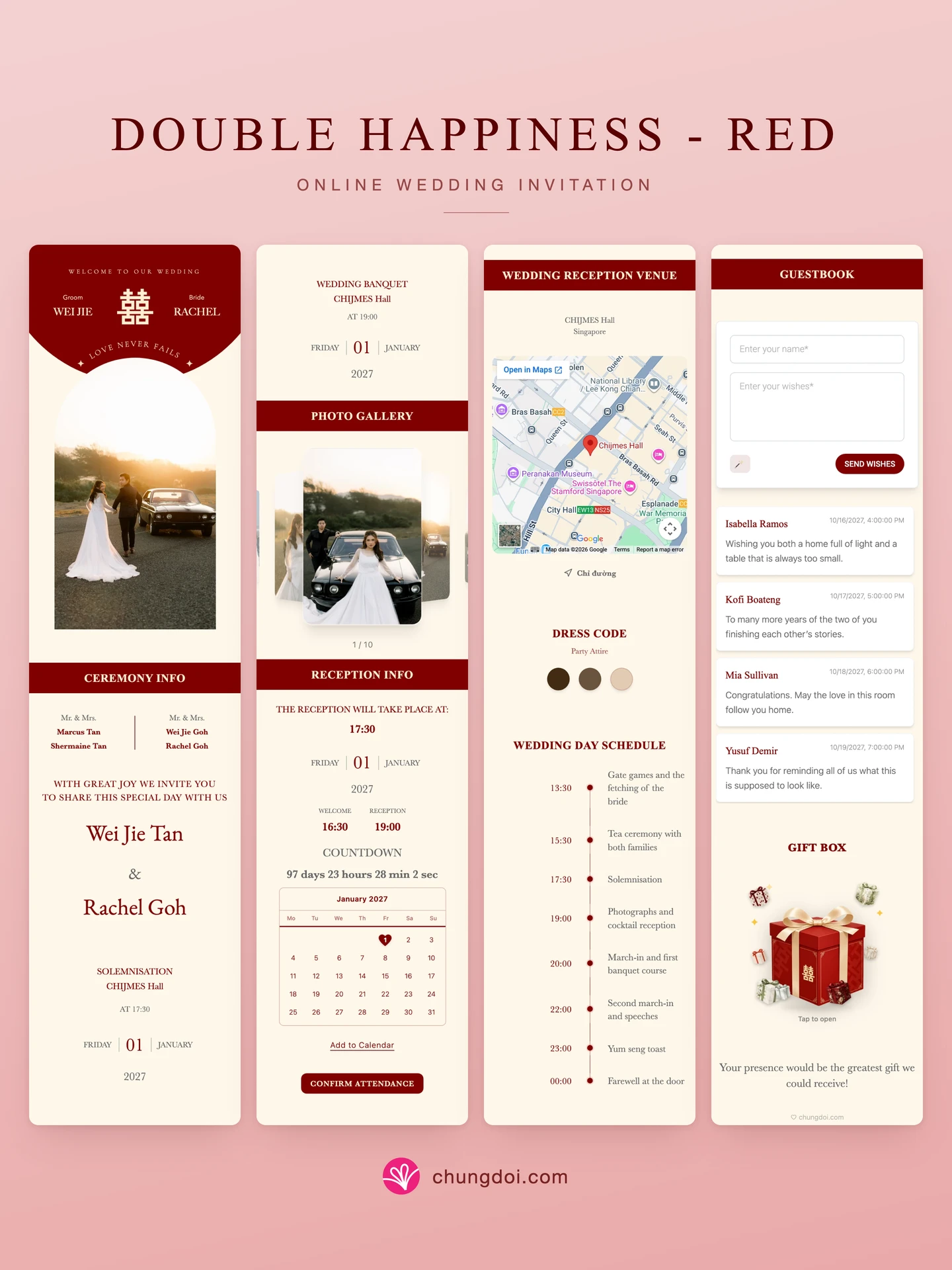 Full view of the Double Happiness - Red wedding invitation: its three sections side by side