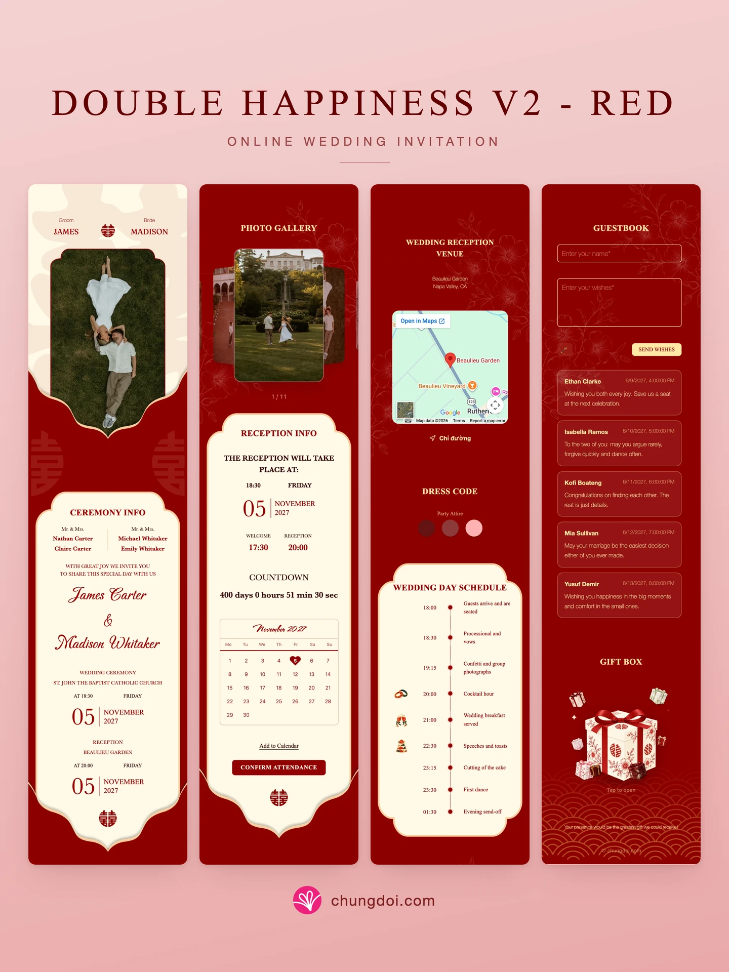 Full view of the Double Happiness V2 - Red wedding invitation: its three sections side by side