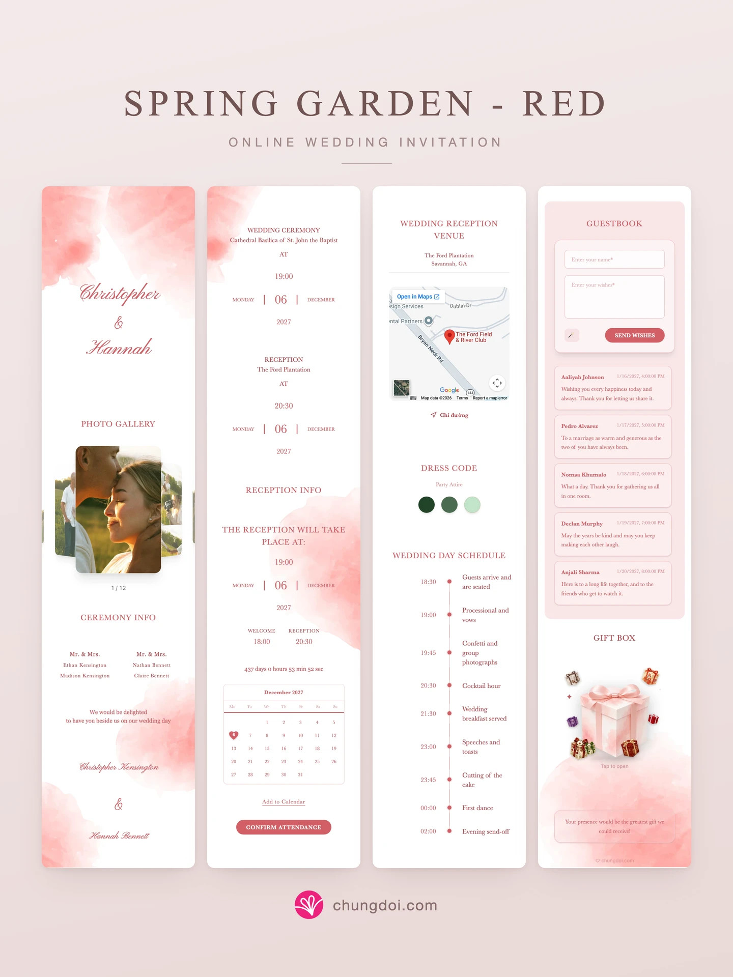 Full view of the Spring Garden - Red wedding invitation: its three sections side by side